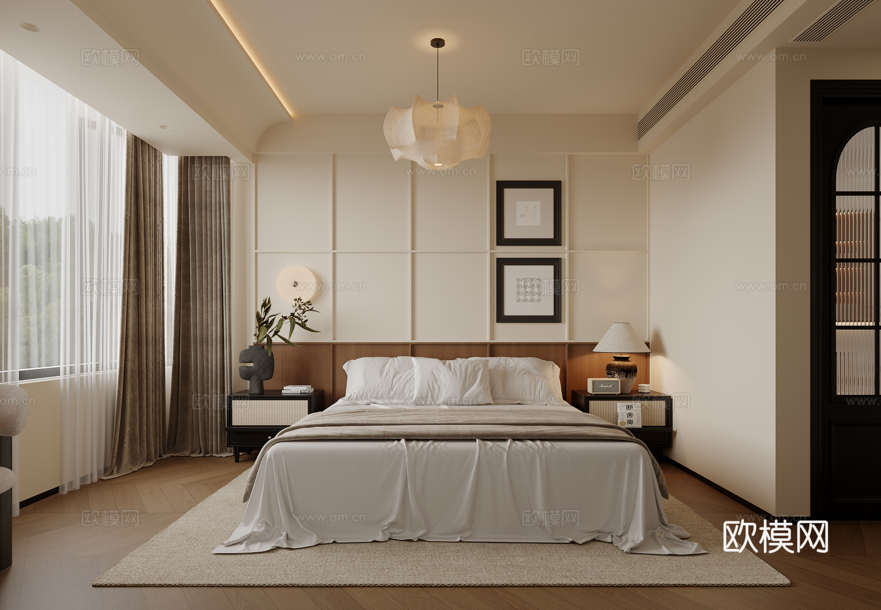 中古风主卧背景墙床头吊灯挂画壁灯床3d模型