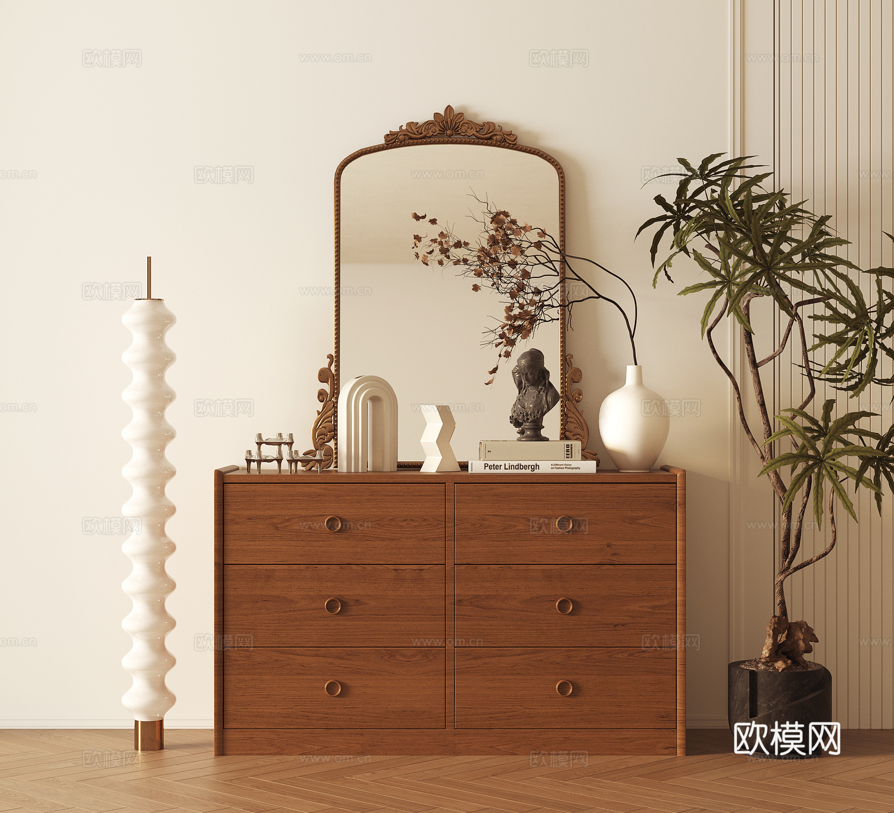 中古风装饰柜 玄关柜 花瓶花艺摆件 矮柜 复古镜 储物柜3d模型