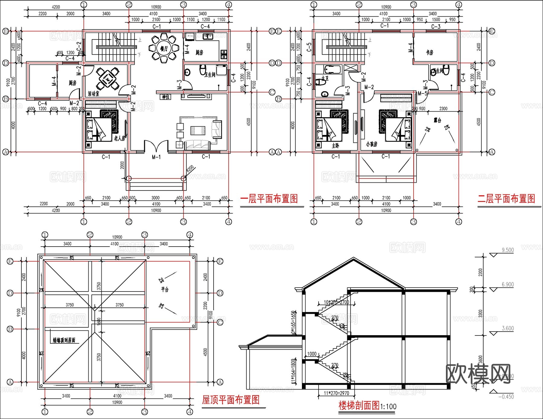 现代新中式自建房别墅、二层自建房cad施工图
