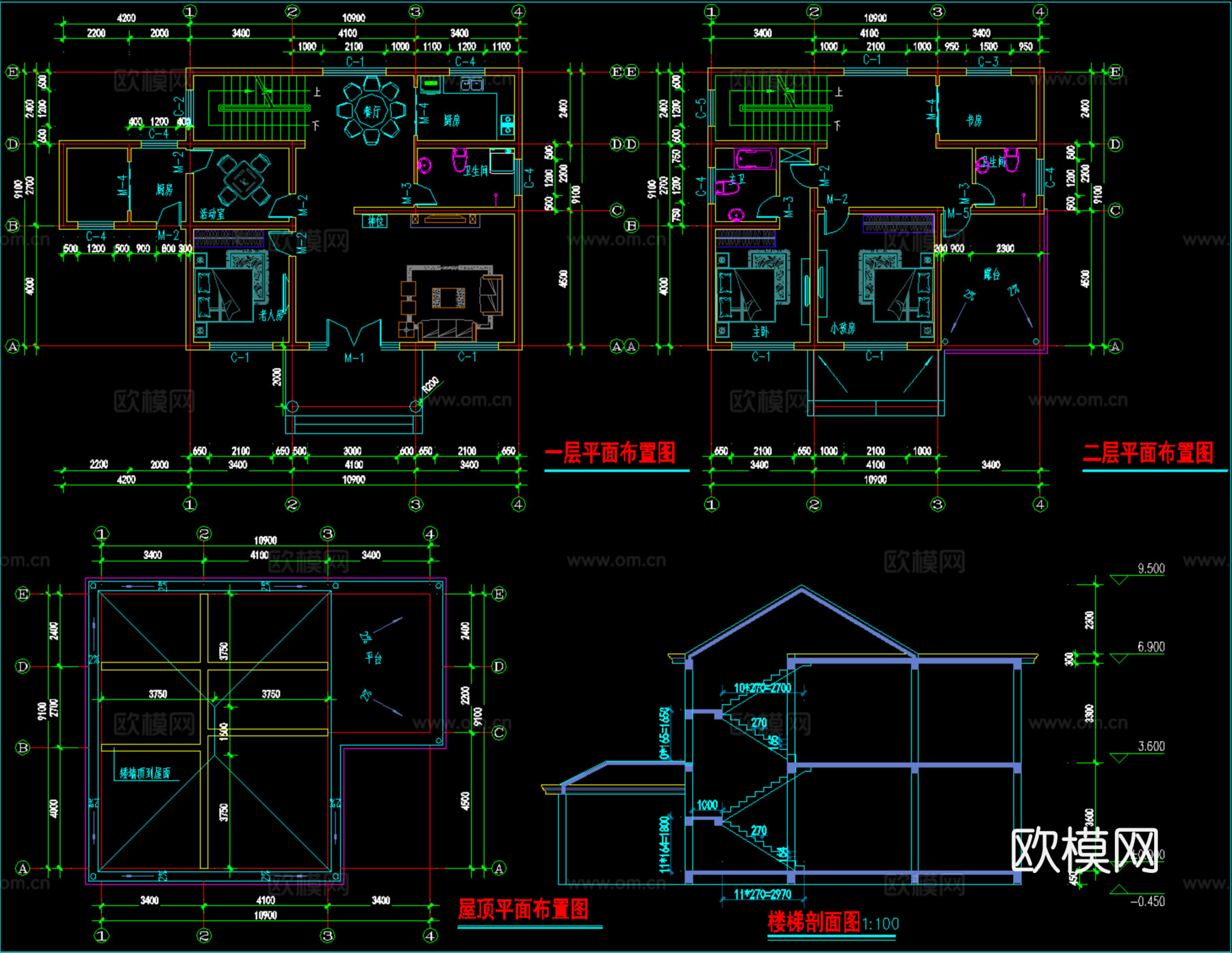 现代新中式自建房别墅、二层自建房cad施工图