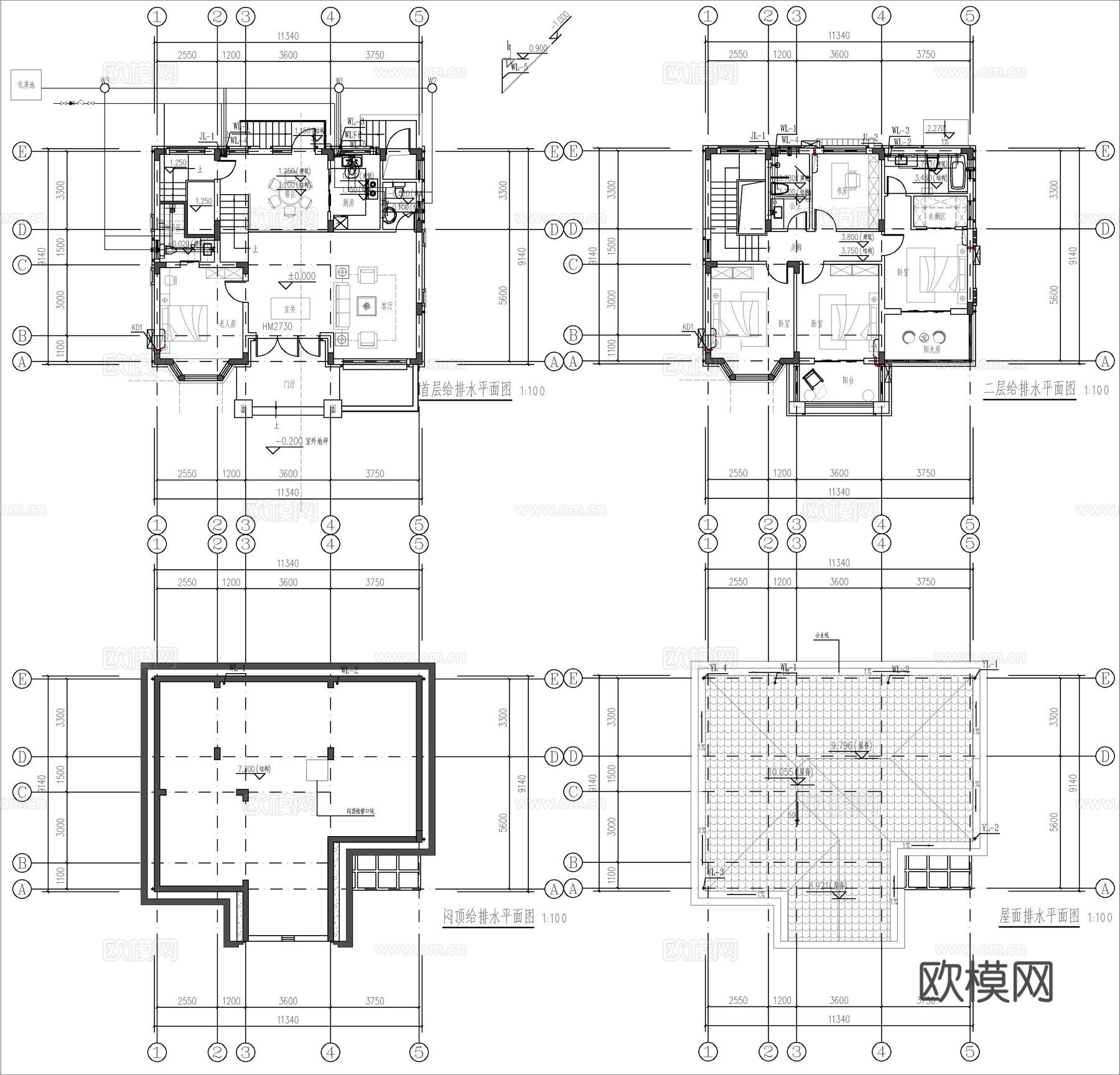 现代新中式自建房别墅、二层自建房cad施工图