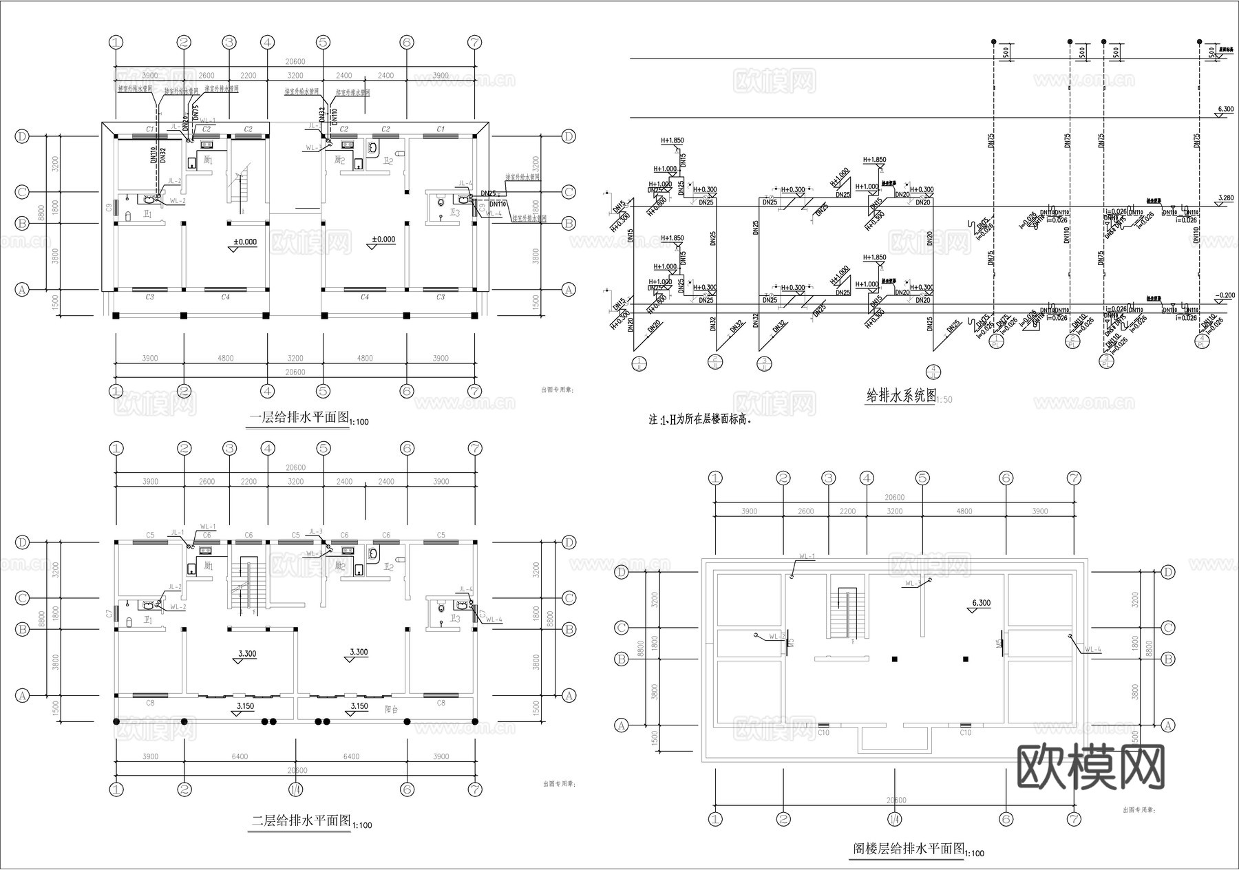 现代新中式自建房别墅、二层自建房cad施工图