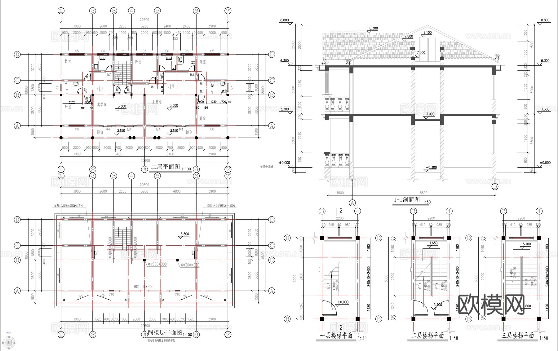现代新中式自建房别墅、二层自建房cad施工图