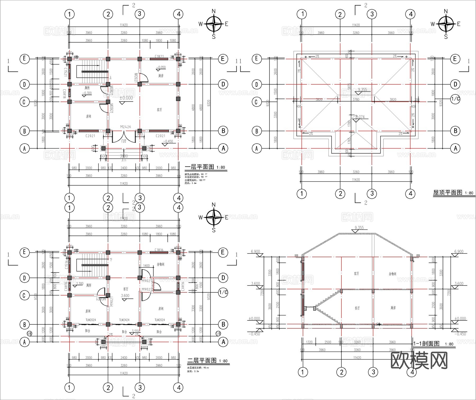 现代新中式自建房别墅、二层自建房cad施工图