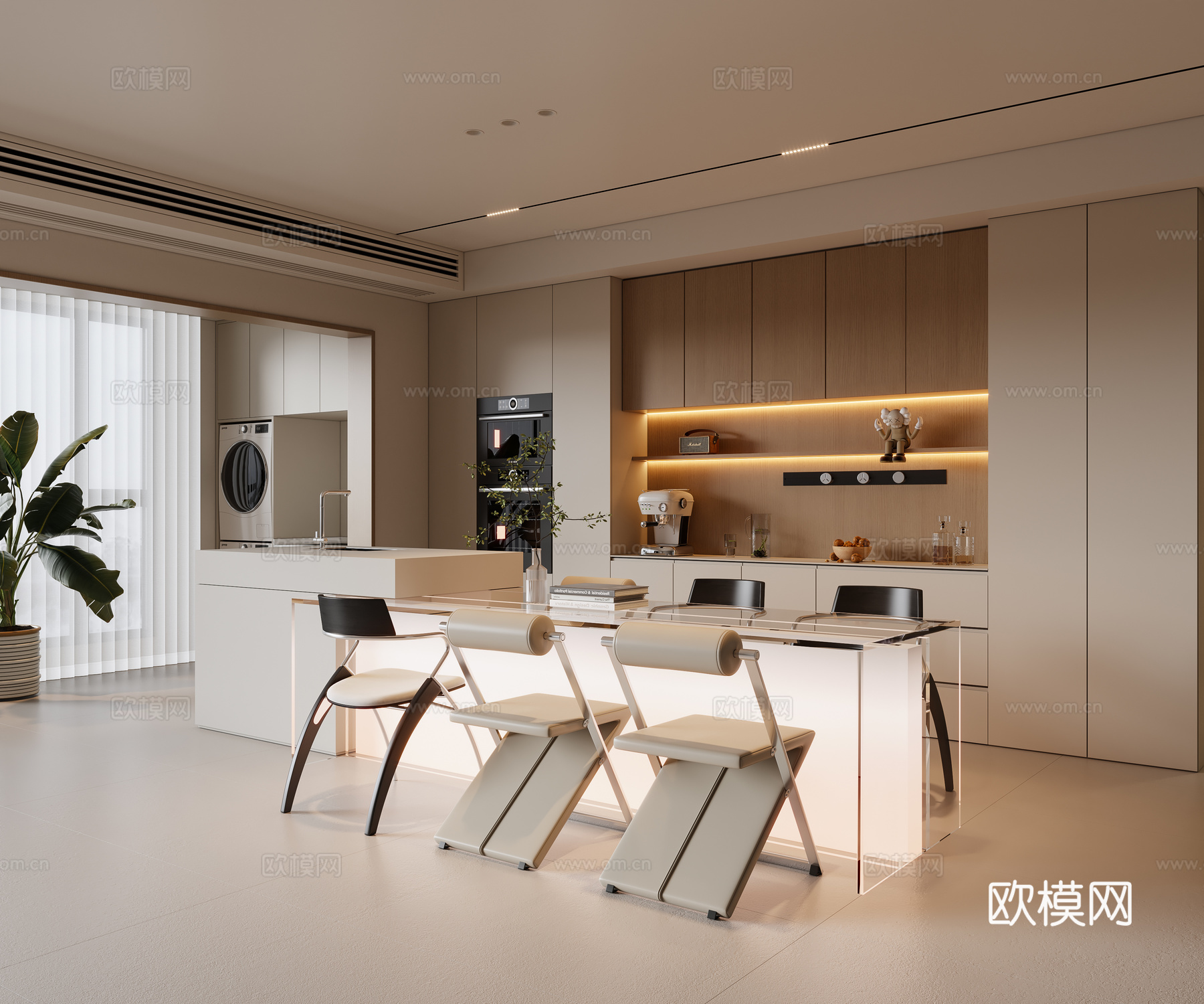 现代奶油风餐厅 餐桌椅 岛台 餐边柜3d模型