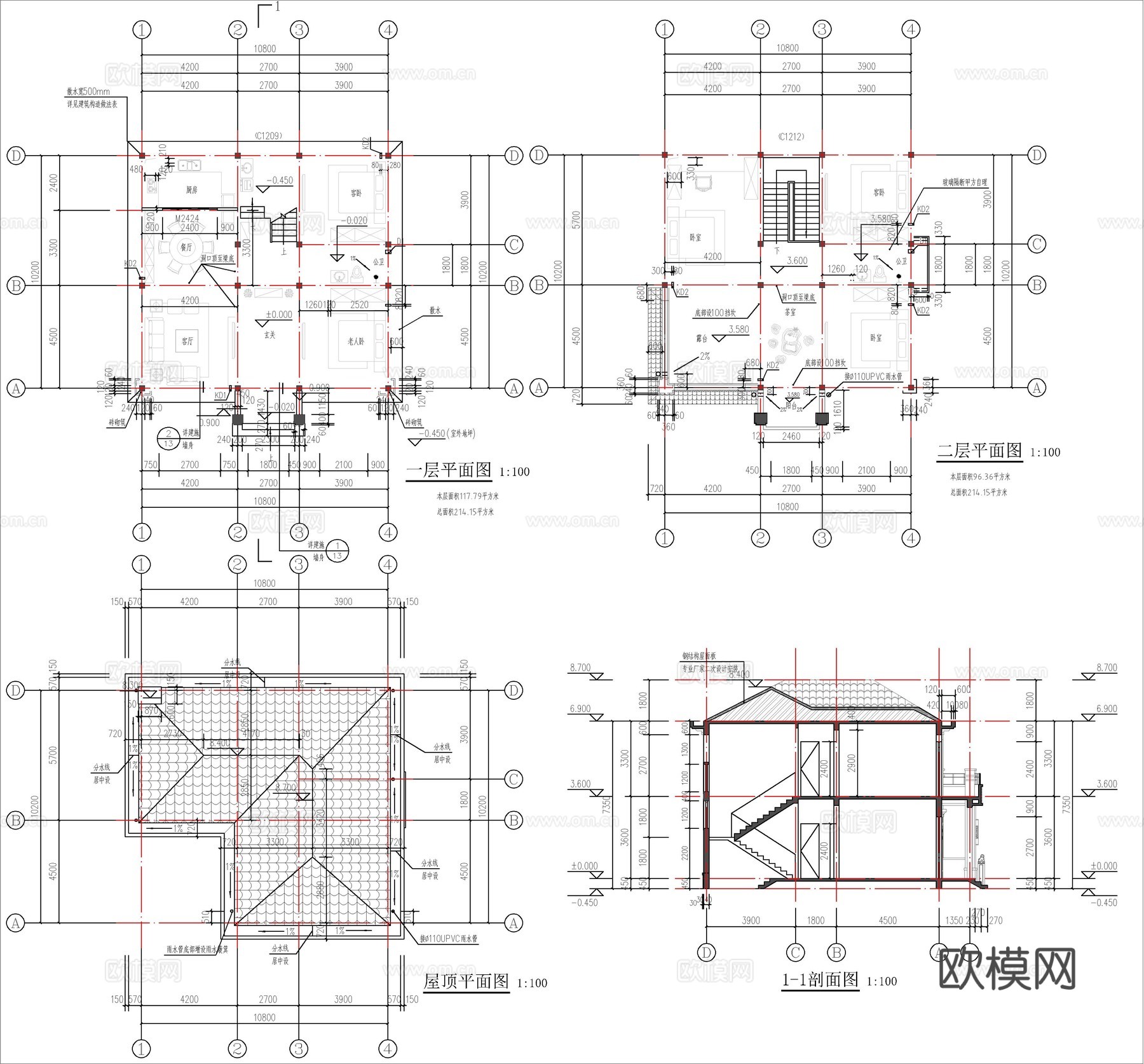 现代新中式自建房别墅、二层自建房cad施工图
