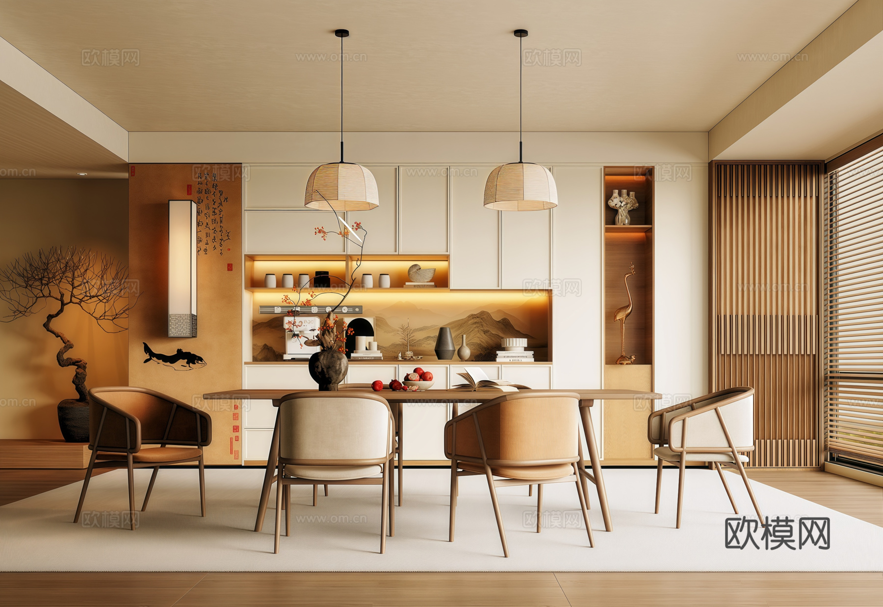 新中式宋氏餐厅 餐边柜 餐桌椅 吊灯 干花盆栽 装饰画su模型下载（渲染图1）