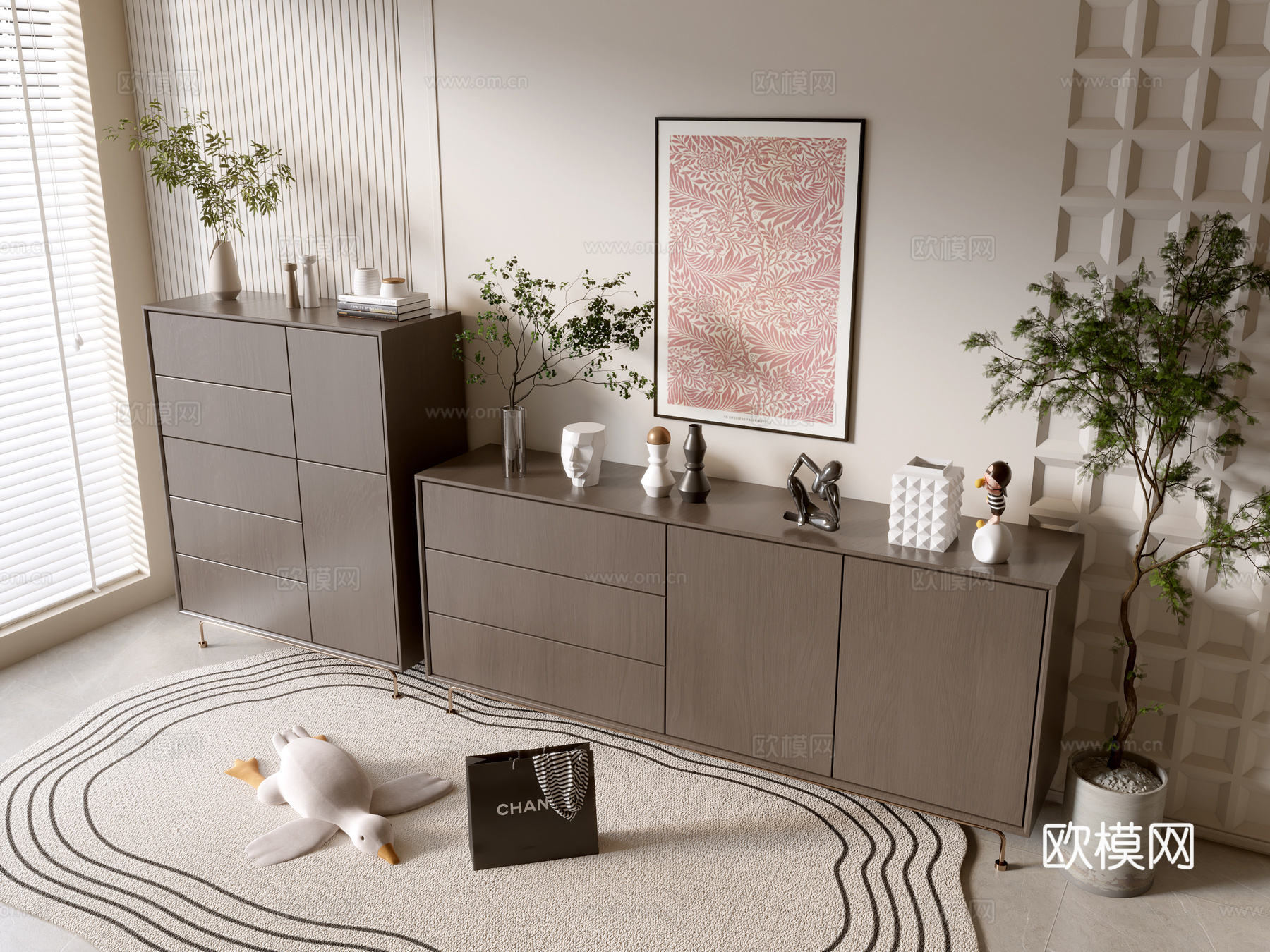 现代木纹柜 极简风柜子  整体柜 餐边柜 阳台柜 储物柜3d模型下载