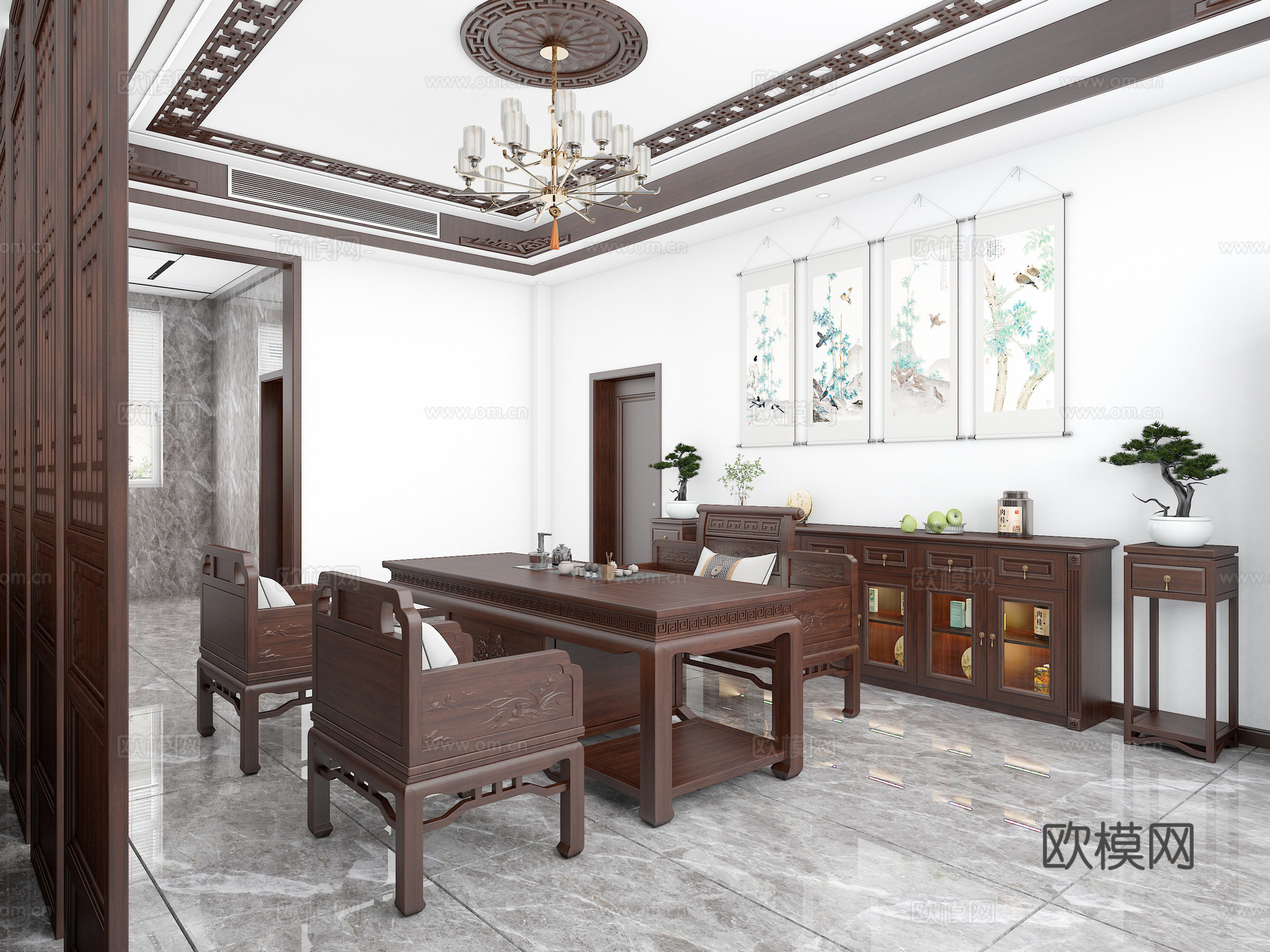 新中式茶室 实木茶桌椅 中式屏风 镂空吊顶 实木茶水柜su模型
