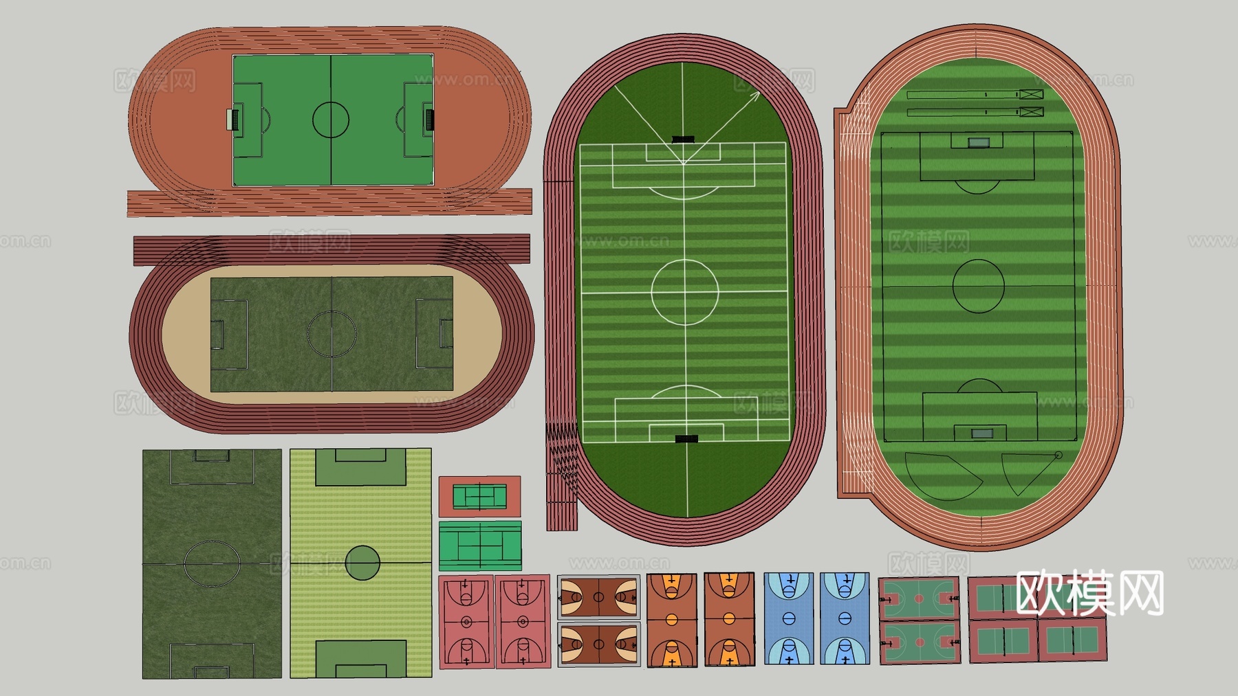 现代学校操场 足球场 篮球场 运动场su模型