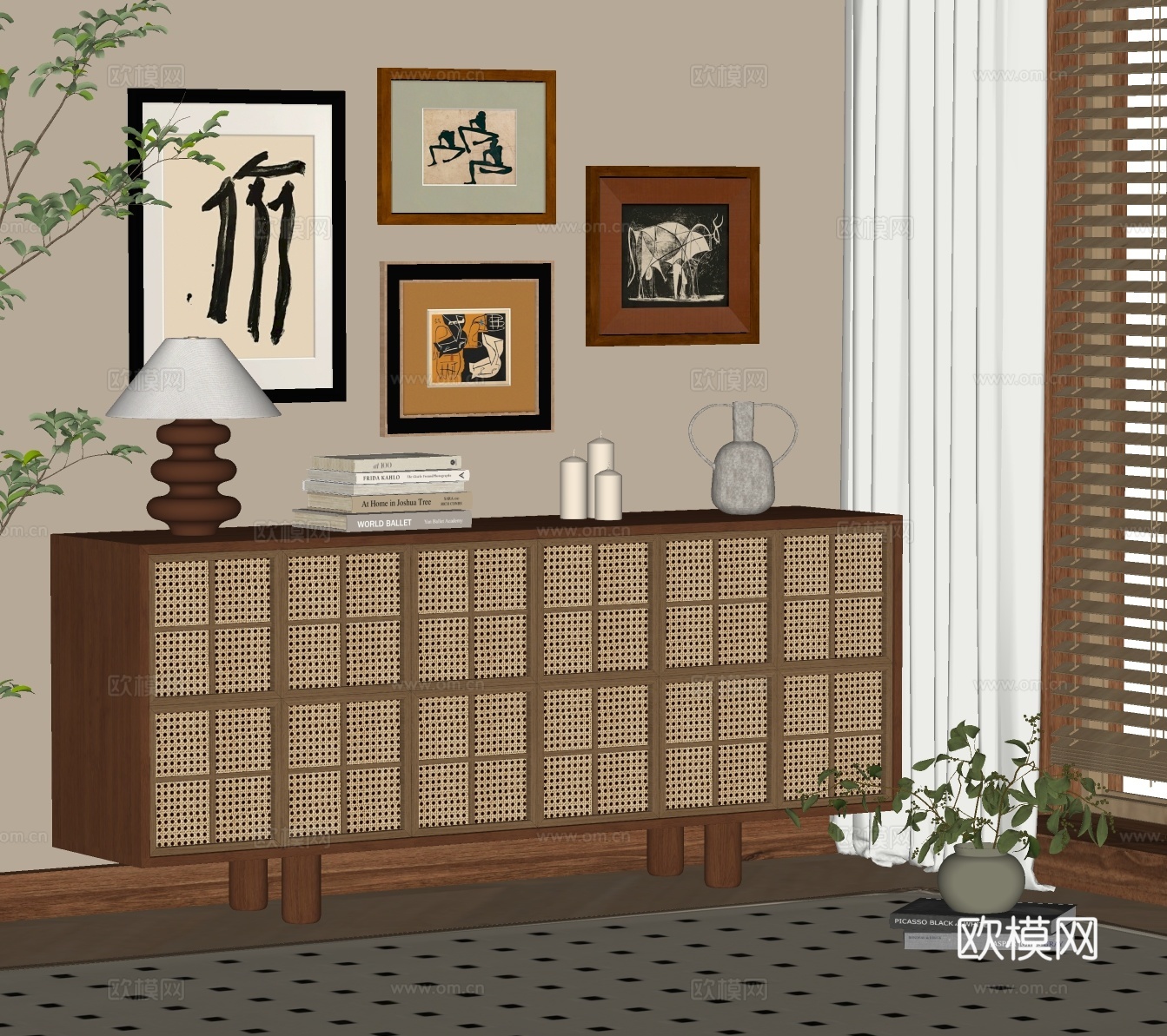 中古风玄关柜 储物柜 餐边柜 边柜 矮柜su模型