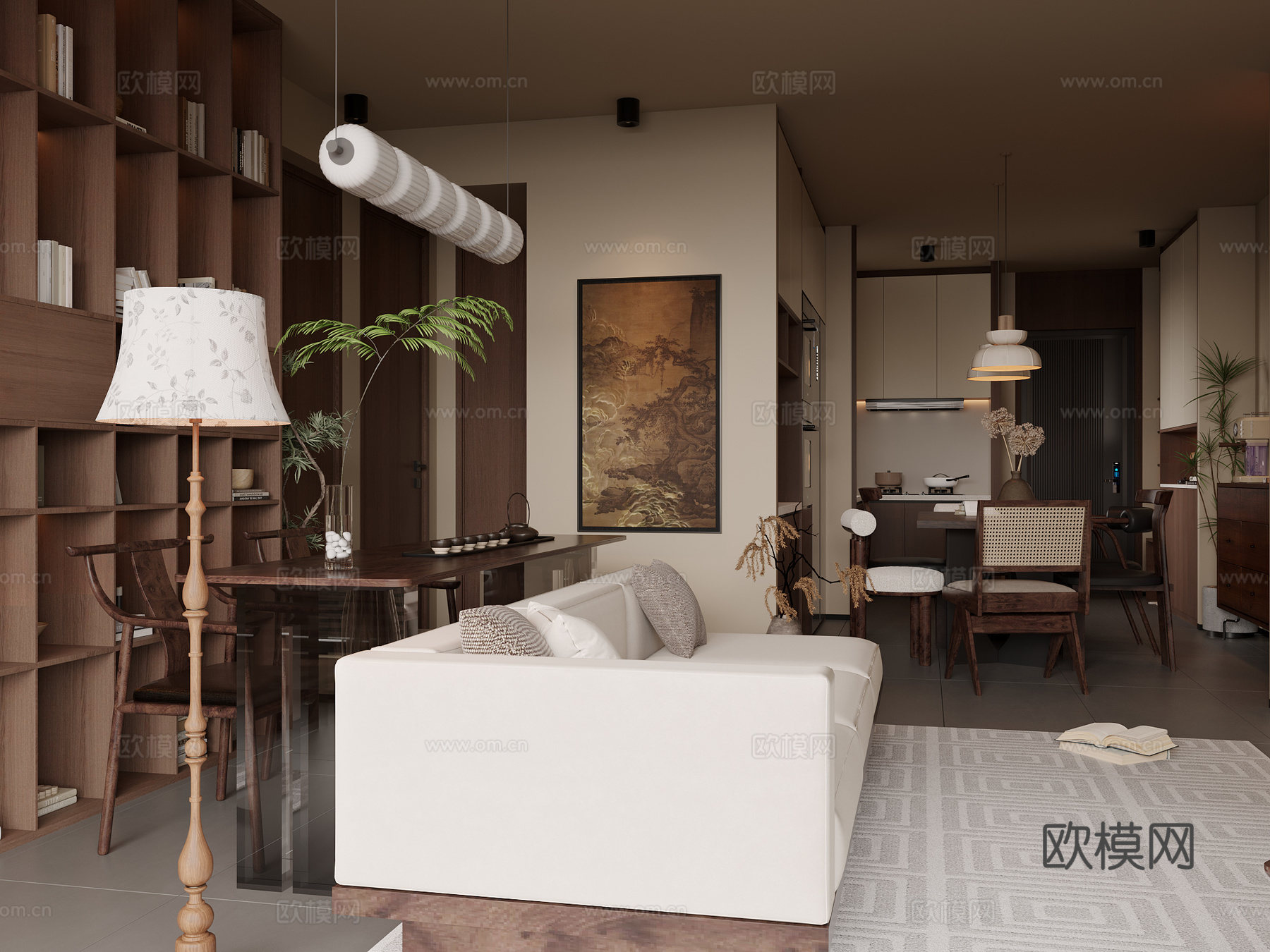 中古风客厅沙发茶几组合书桌书柜挂画吊灯落地灯3d模型