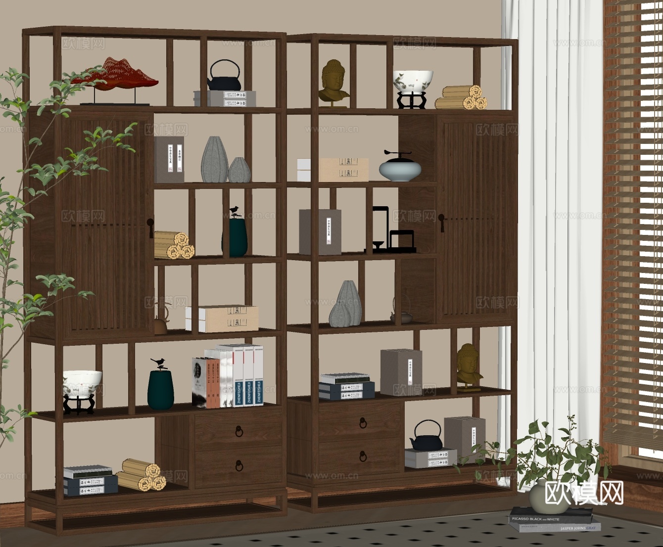 新中式博古架su模型下载（渲染图2）
