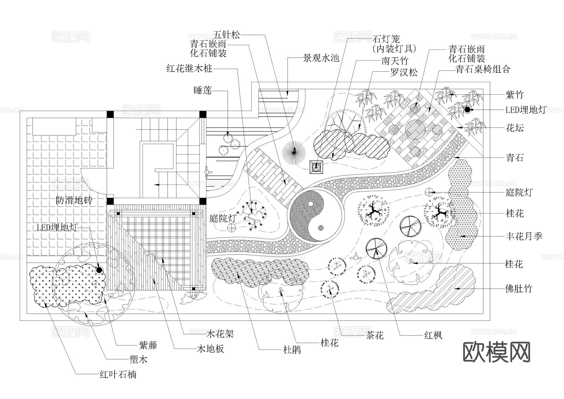 99套屋顶花园平面图施工图cad施工图