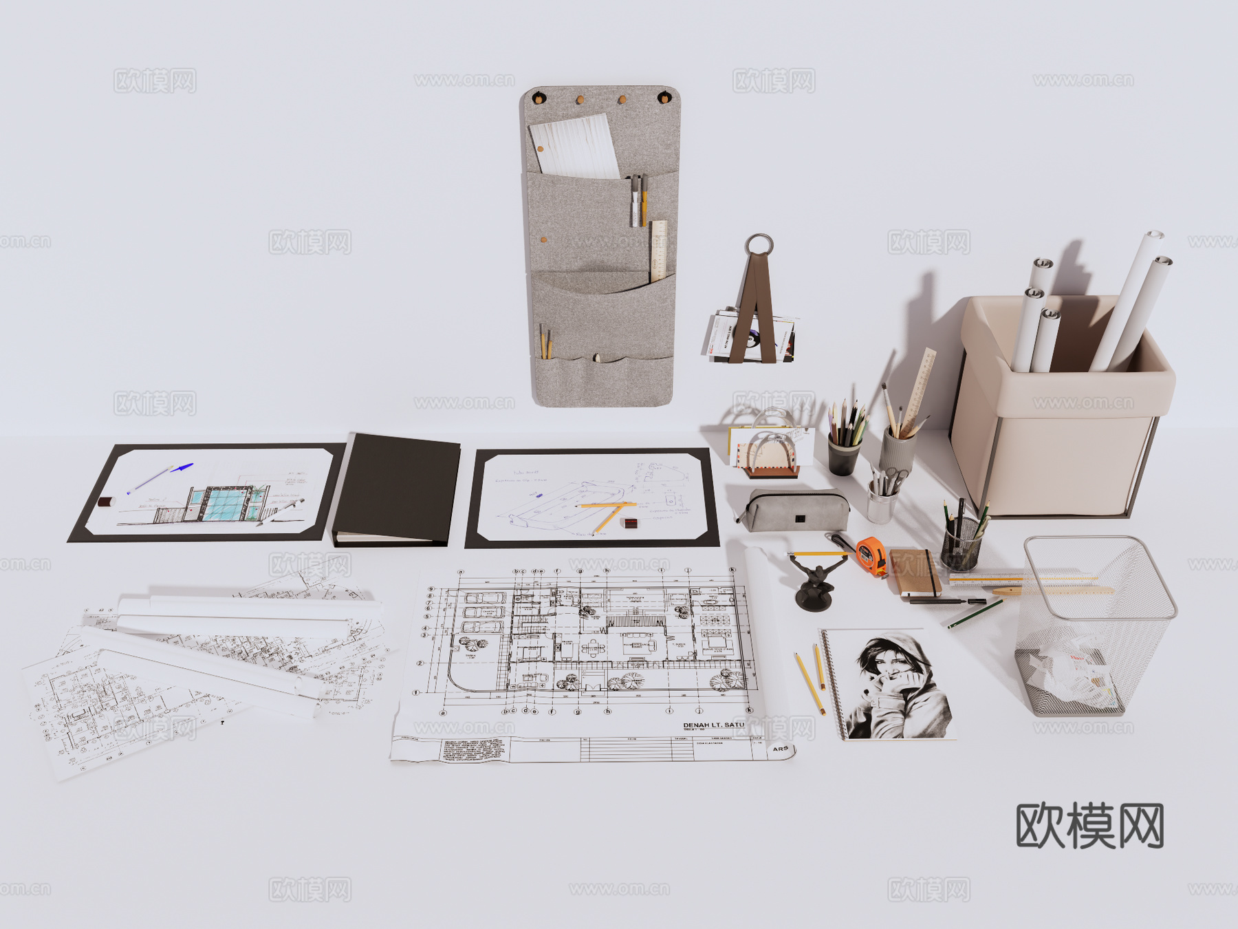 办公用品 笔记本 文件夹 文具 画板 装饰摆件 垃圾桶su模型