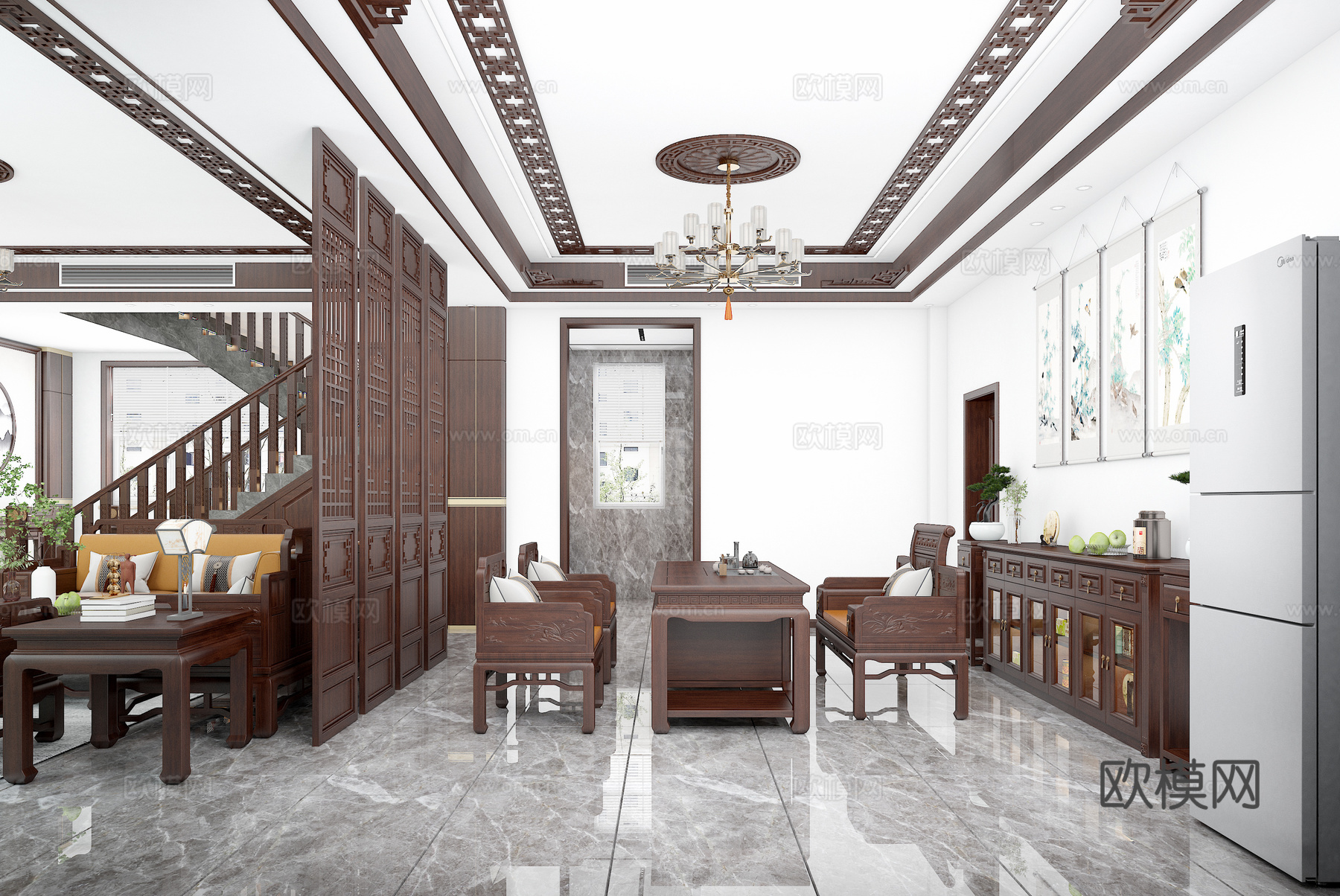 新中式茶室 实木茶桌椅 中式屏风 镂空吊顶 实木茶水柜su模型