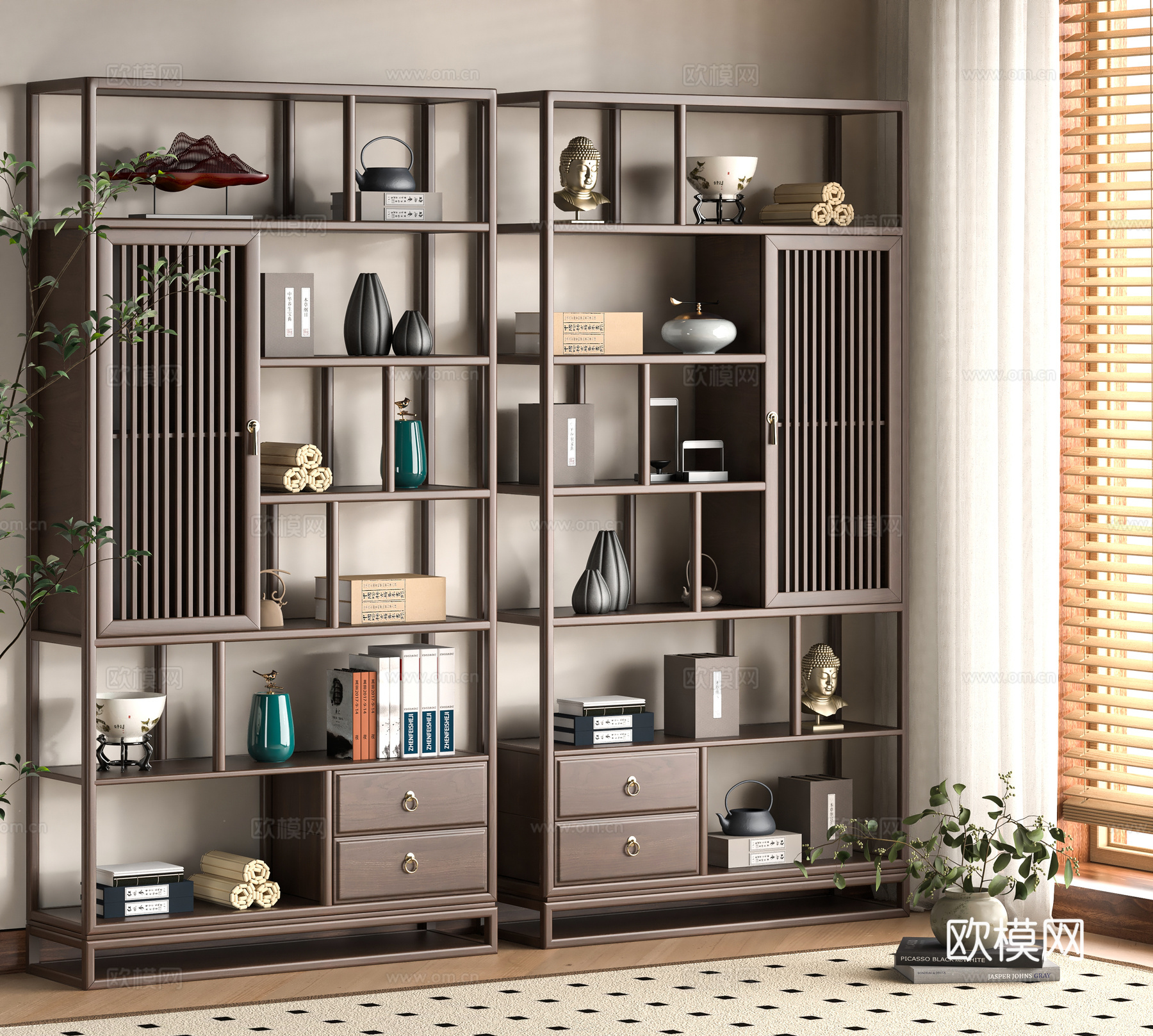 新中式博古架su模型下载（渲染图1）