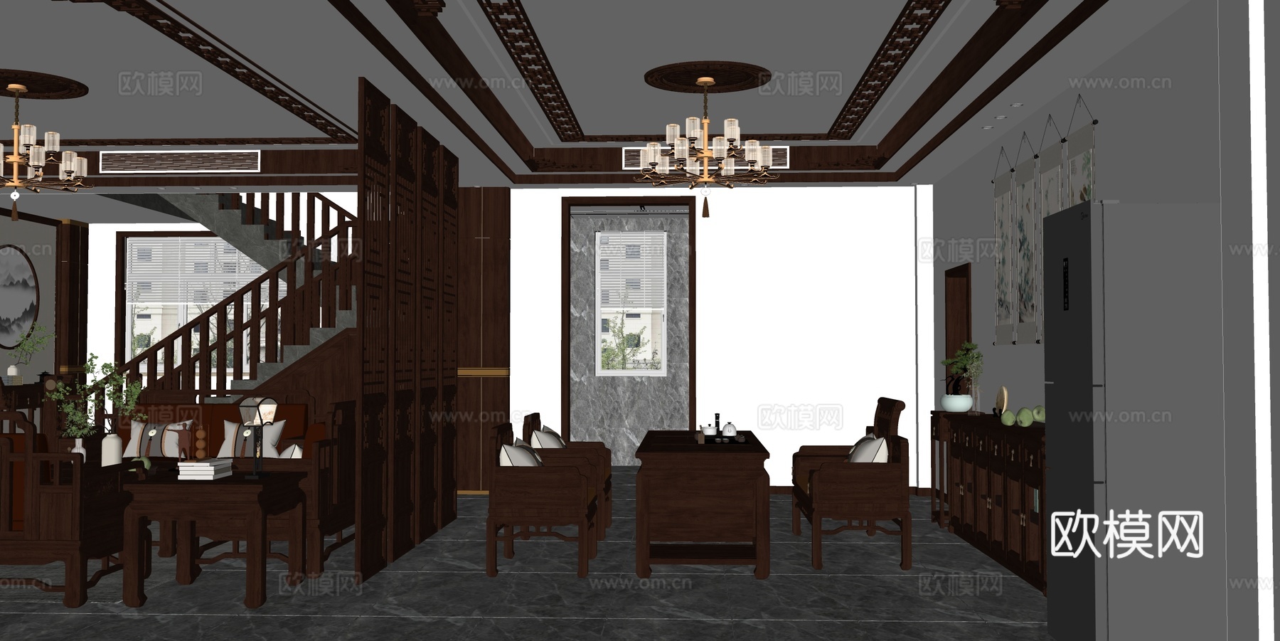 新中式茶室 实木茶桌椅 中式屏风 镂空吊顶 实木茶水柜su模型