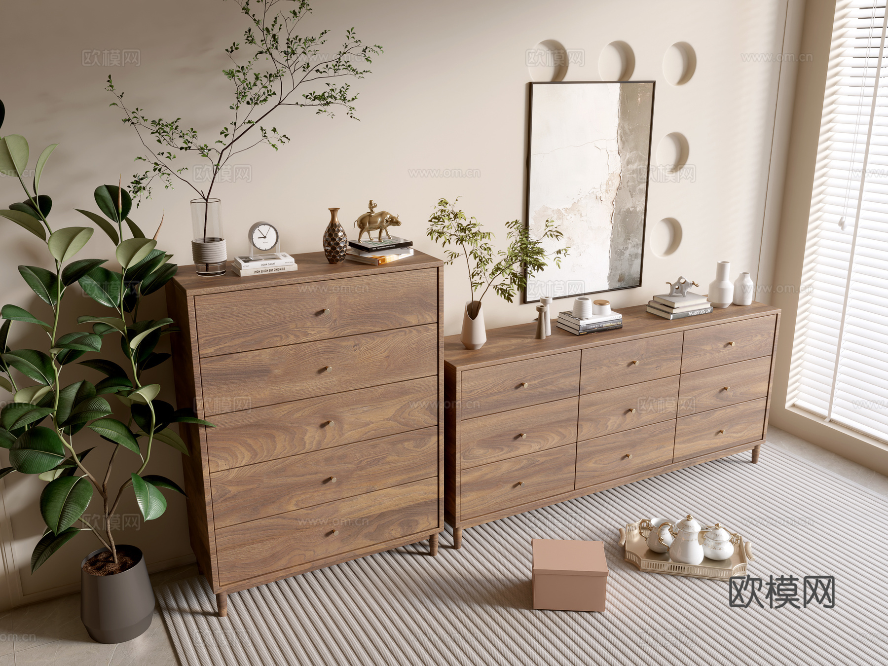 现代木纹柜 极简风柜子  整体柜 餐边柜 阳台柜 储物柜3d模型下载