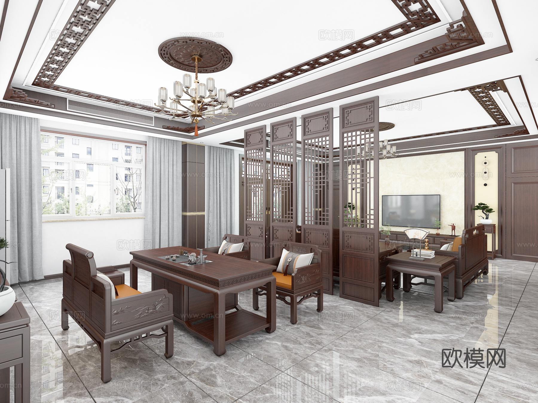 新中式茶室 实木茶桌椅 中式屏风 镂空吊顶 实木茶水柜su模型
