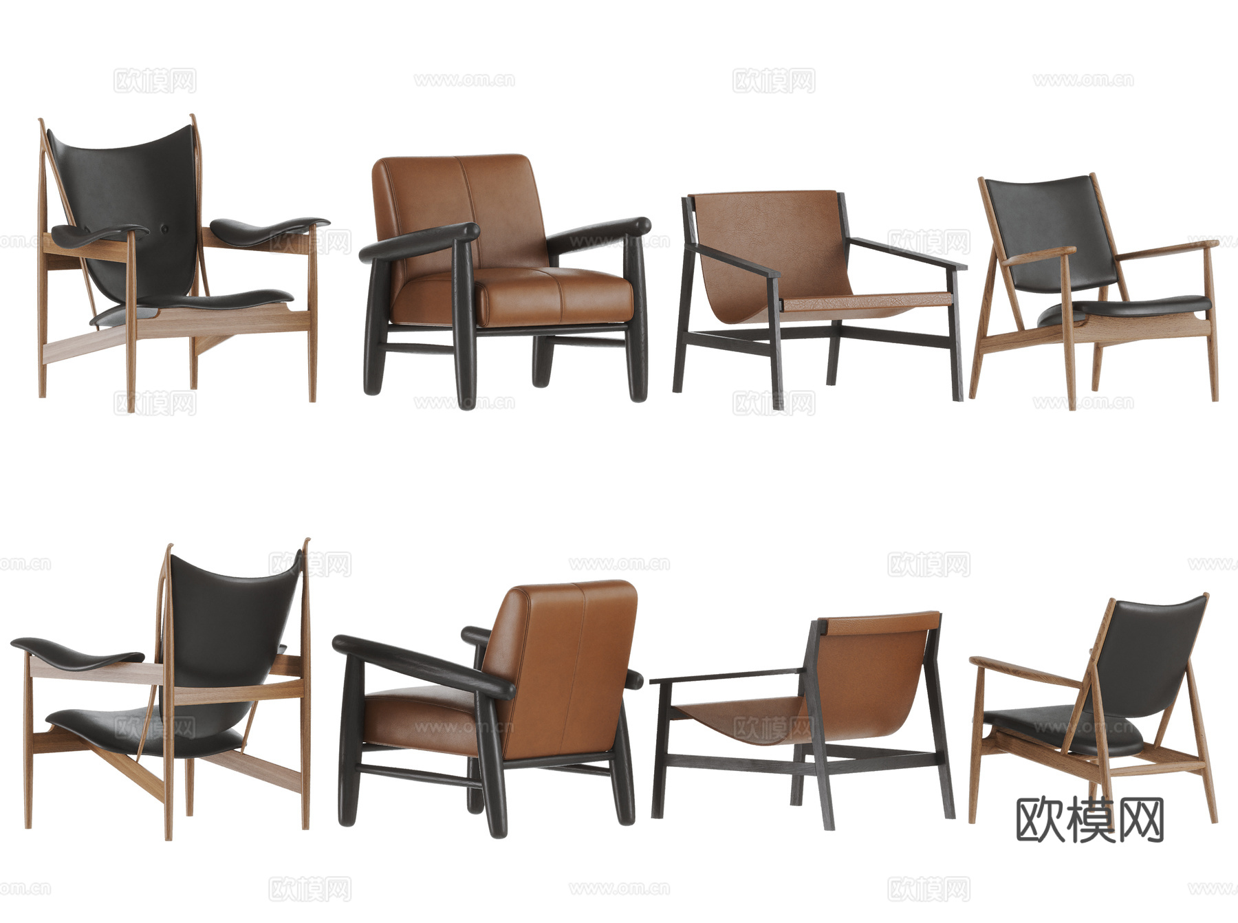 中古风休闲椅组合 沙发椅 皮休闲椅 木休闲椅3d模型