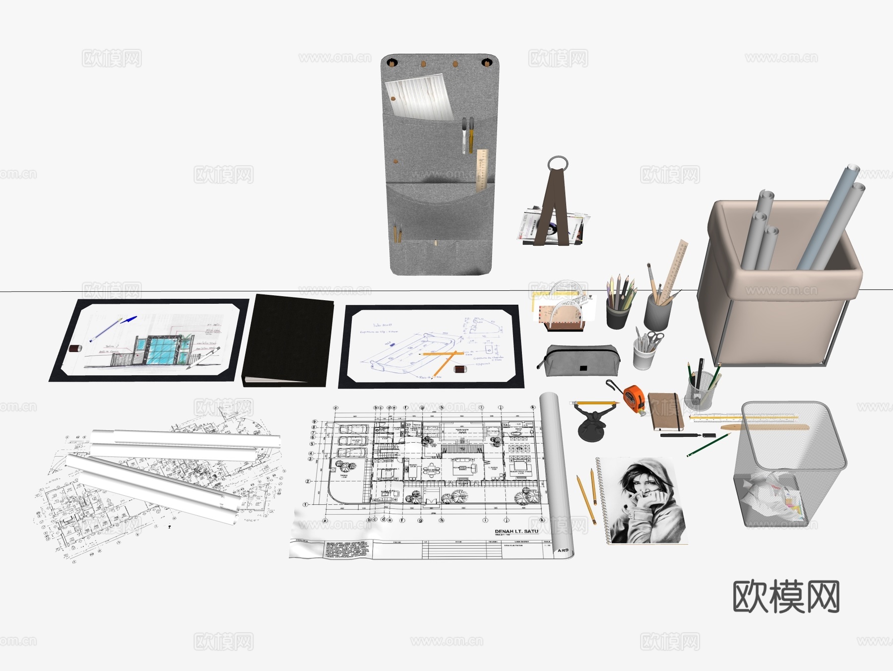 办公用品 笔记本 文件夹 文具 画板 装饰摆件 垃圾桶su模型