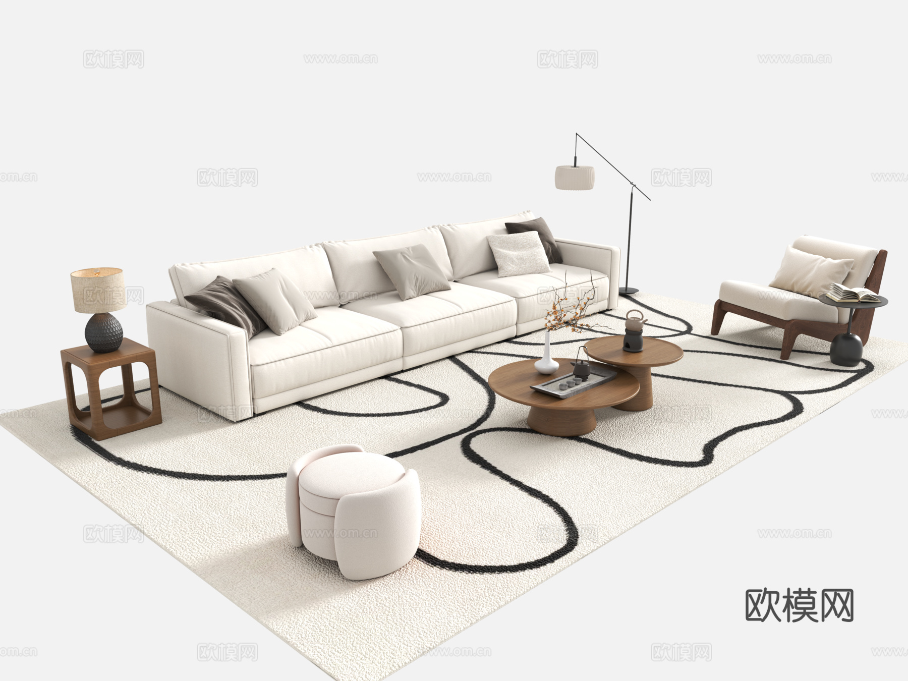 现代中古风沙发组合 沙发茶几组合3d模型