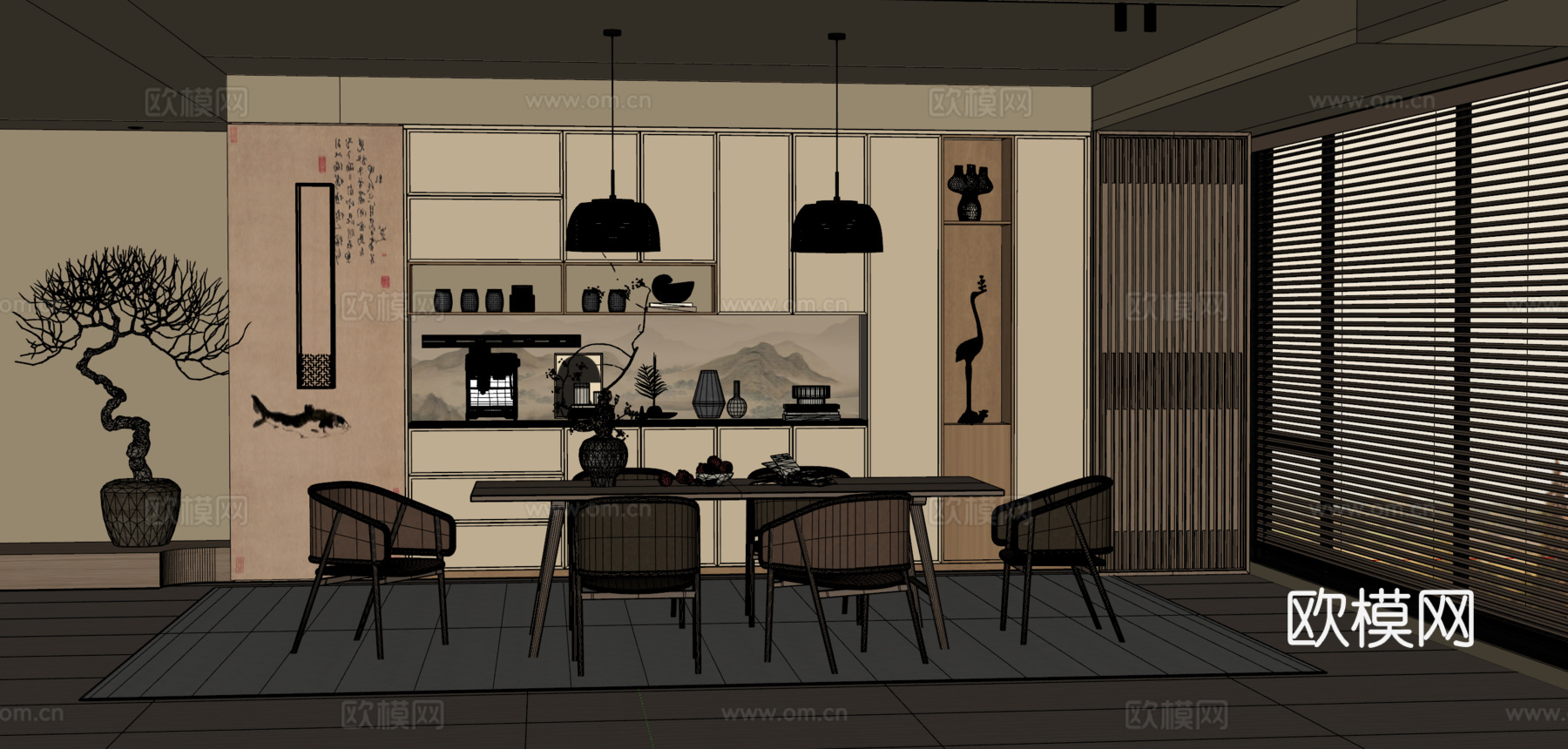 新中式宋氏餐厅 餐边柜 餐桌椅 吊灯 干花盆栽 装饰画su模型下载（渲染图2）
