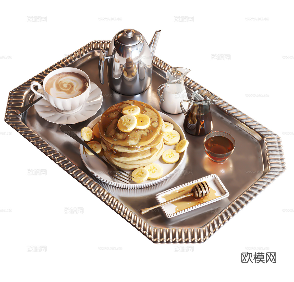 糕点 早餐 早点 西餐 蛋糕 面包 牛奶 餐桌摆件 咖啡 边3d模型