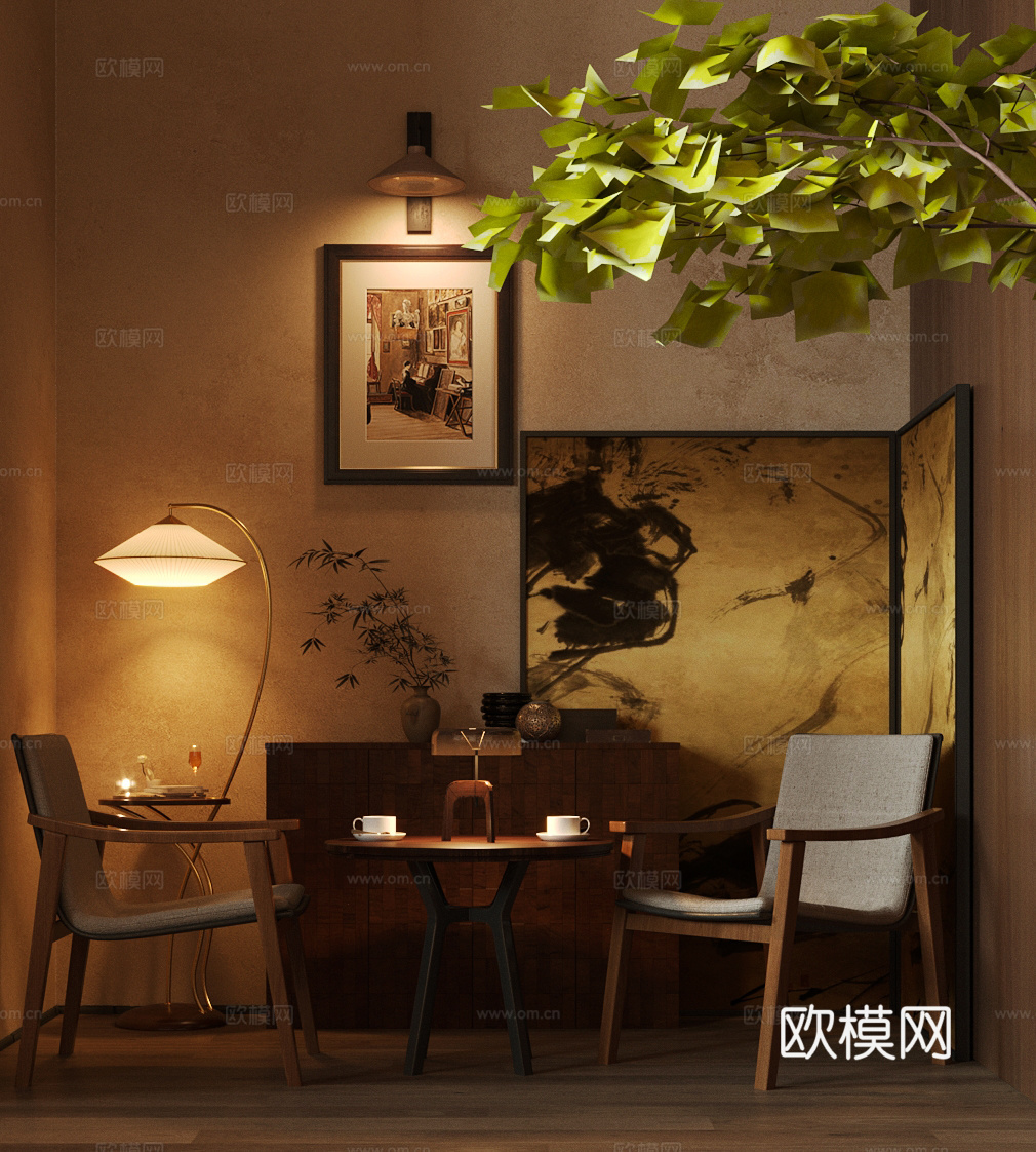 中古复古咖啡厅 咖啡店餐桌椅 侘寂咖啡厅 咖啡店桌椅 咖啡店3d模型