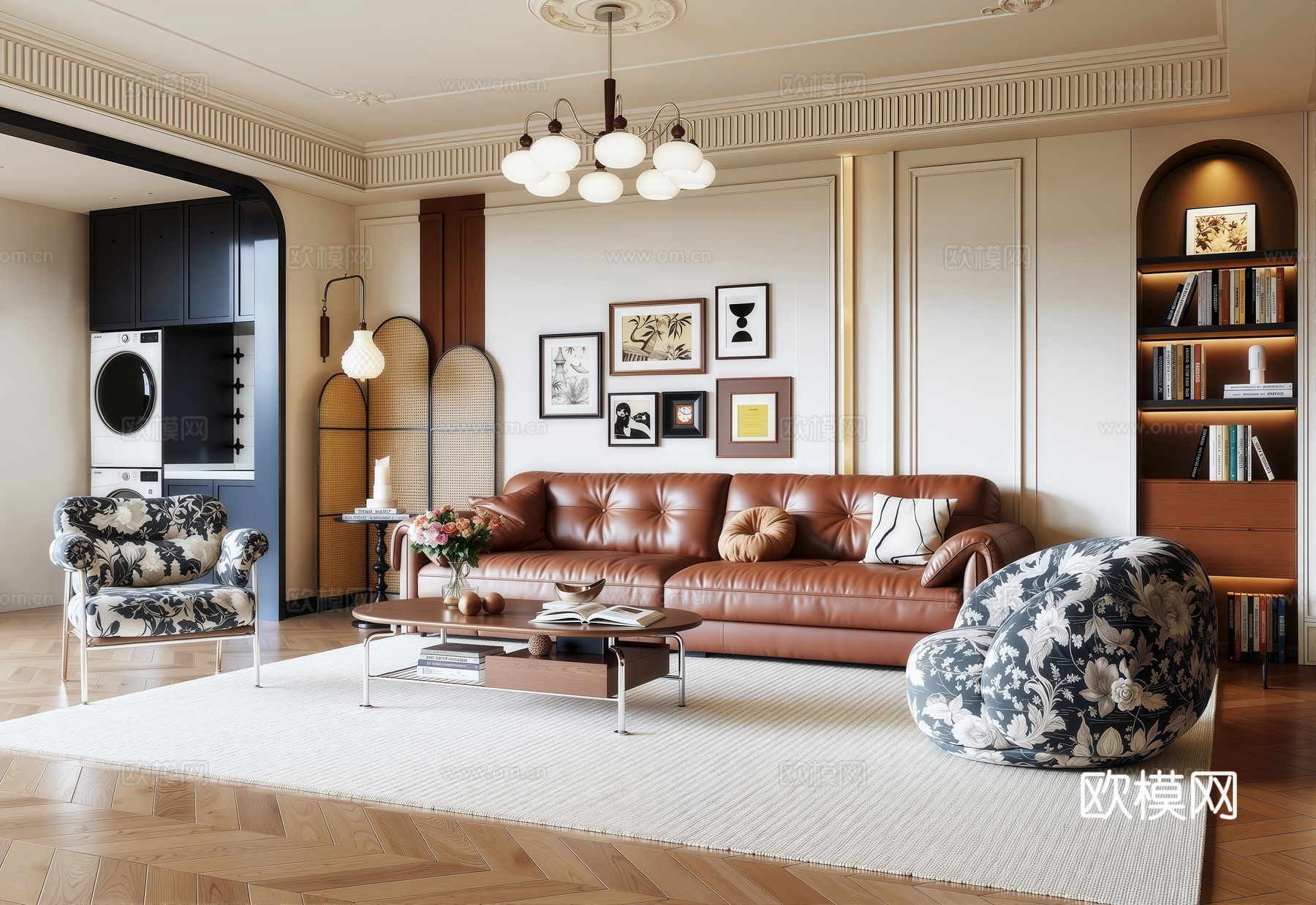 法式中古风客厅 沙发茶几组合 吊灯 阳台洗衣机柜 装饰画su模型下载（渲染图1）