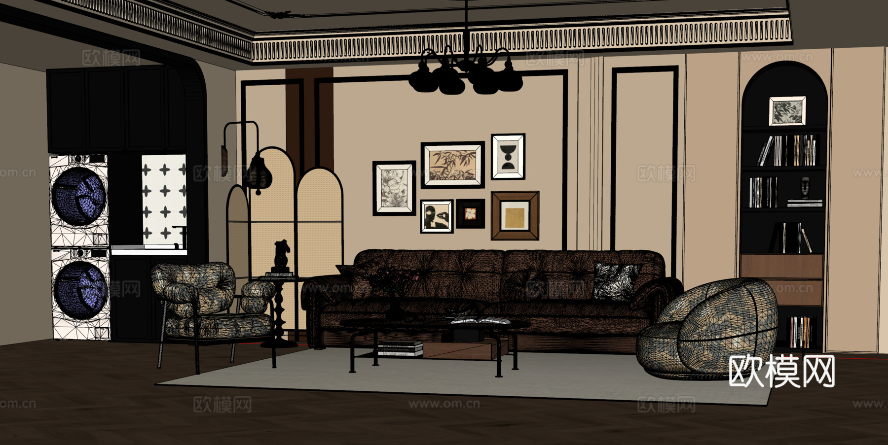 法式中古风客厅 沙发茶几组合 吊灯 阳台洗衣机柜 装饰画su模型下载（渲染图2）