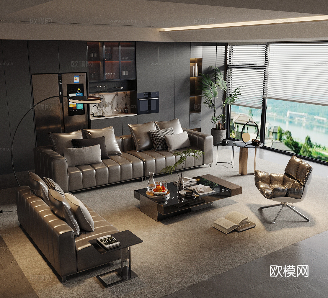现代意式家居客厅 沙发茶几组合 高级灰客厅 意式轻奢客厅su模型