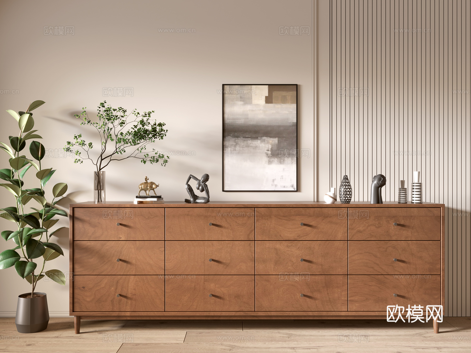 现代木纹柜 极简风柜子  整体柜 餐边柜 阳台柜 储物柜3d模型下载