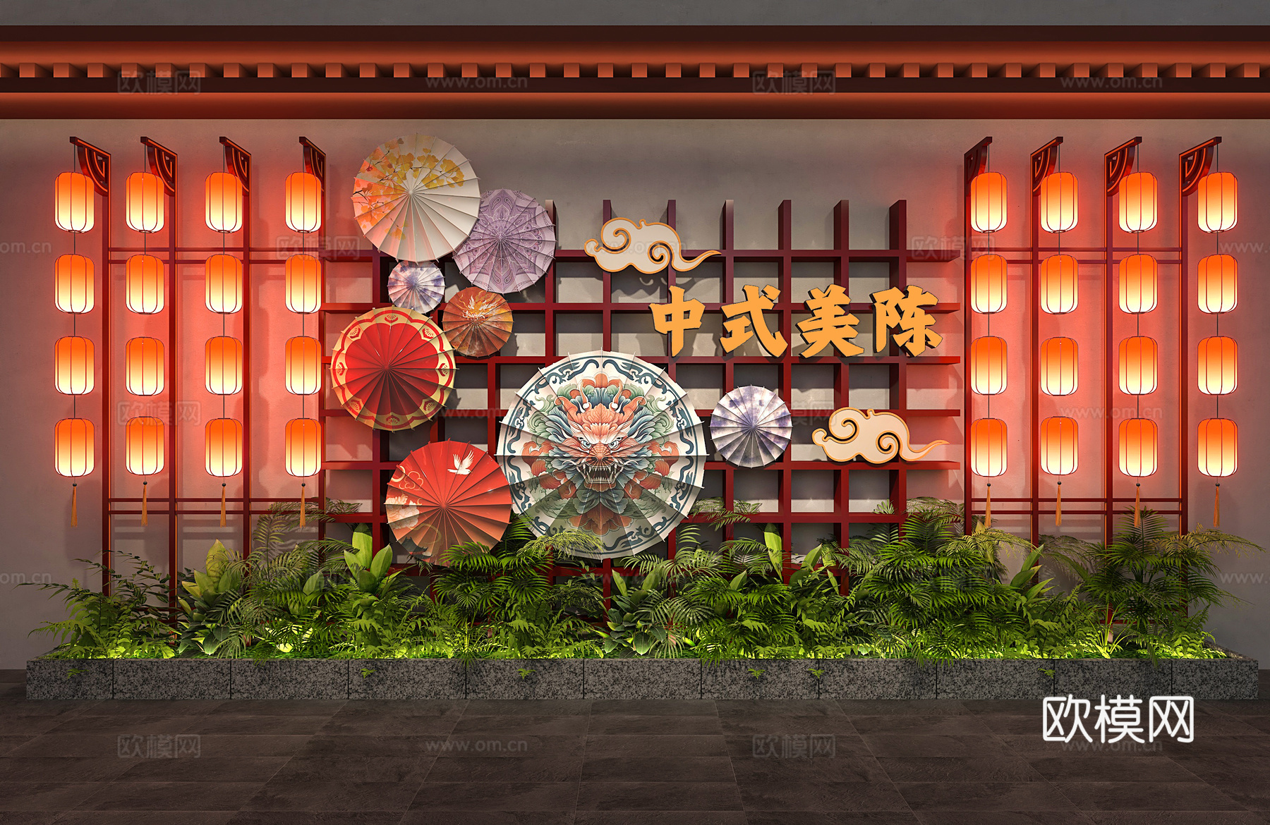 新中式灯笼 中式灯笼  新中式美陈 红灯笼 中式灯笼串 绿植3d模型