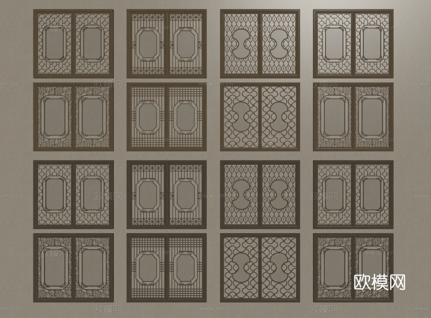 新中式窗户 镂空窗 雕花窗 花格窗 木制窗su模型