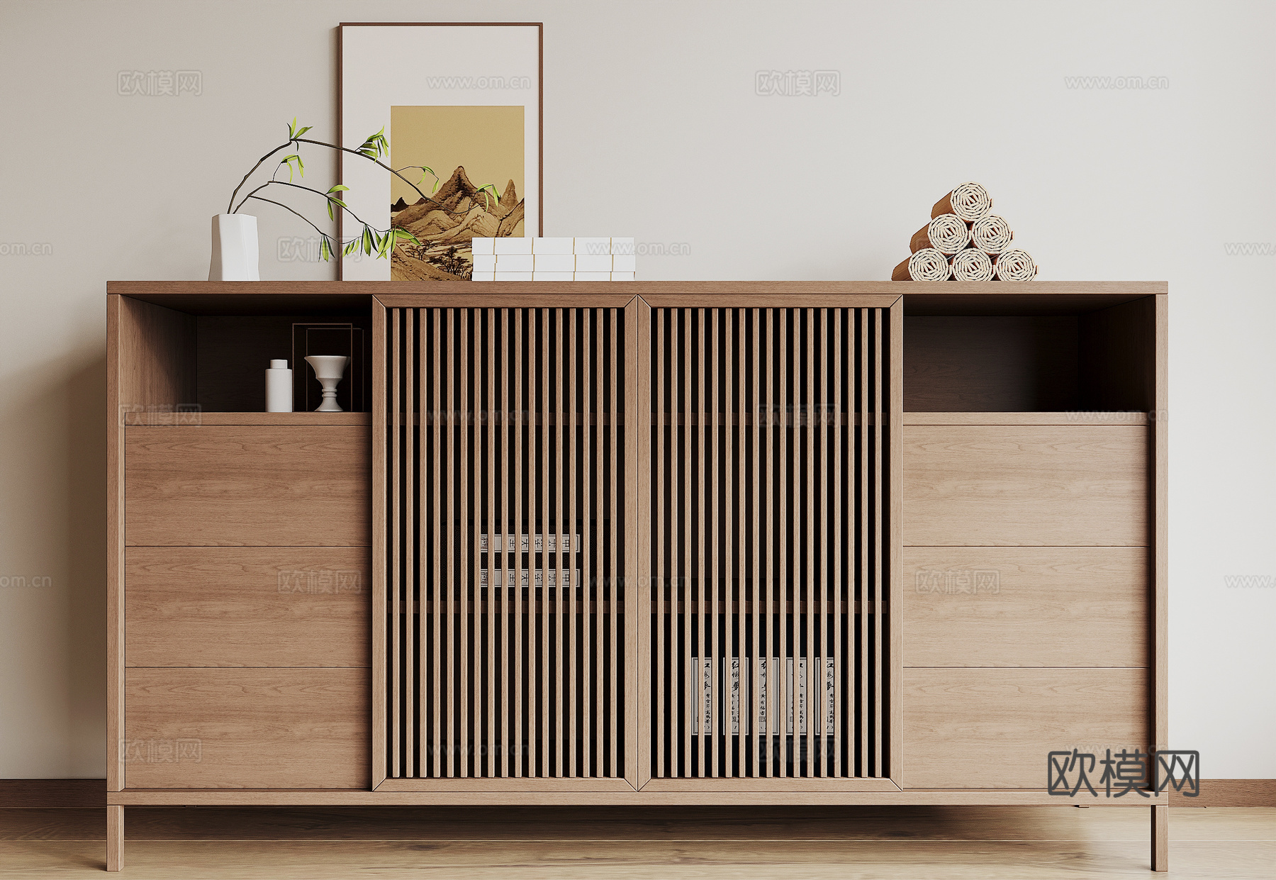 新中式茶柜su模型下载（渲染图1）