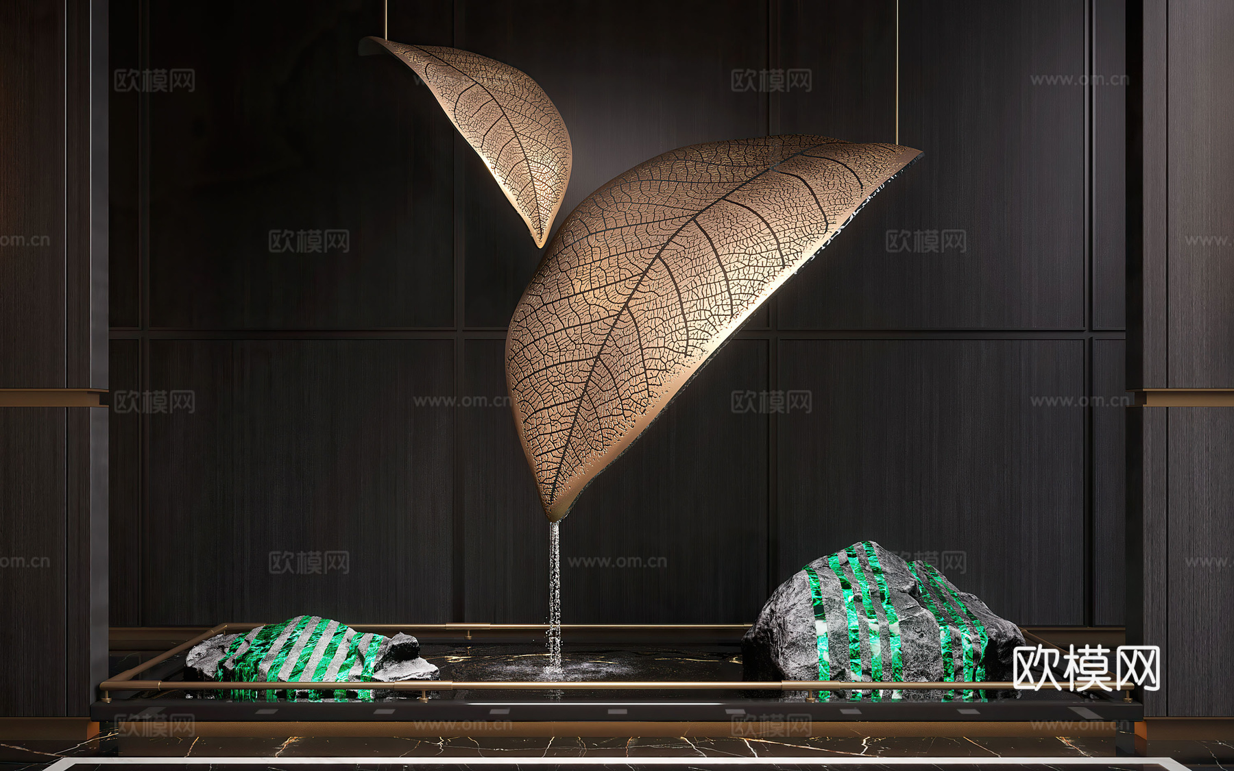 新中式水景装置 金属装置 室内水景 景观石 大厅装置3d模型