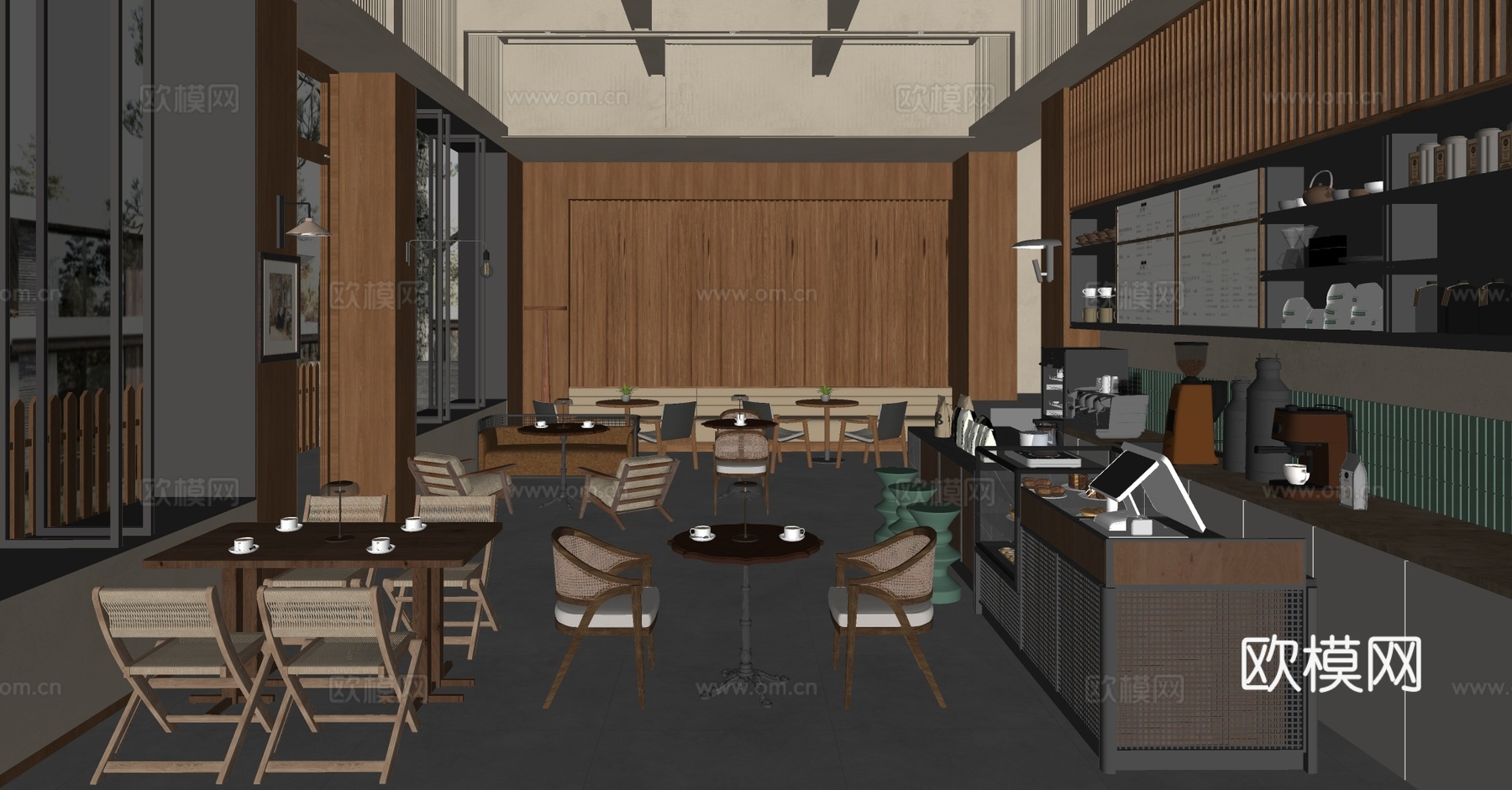 原木咖啡厅 咖啡桌椅 奶茶店 咖啡店操作台 收银前台 咖啡店su模型