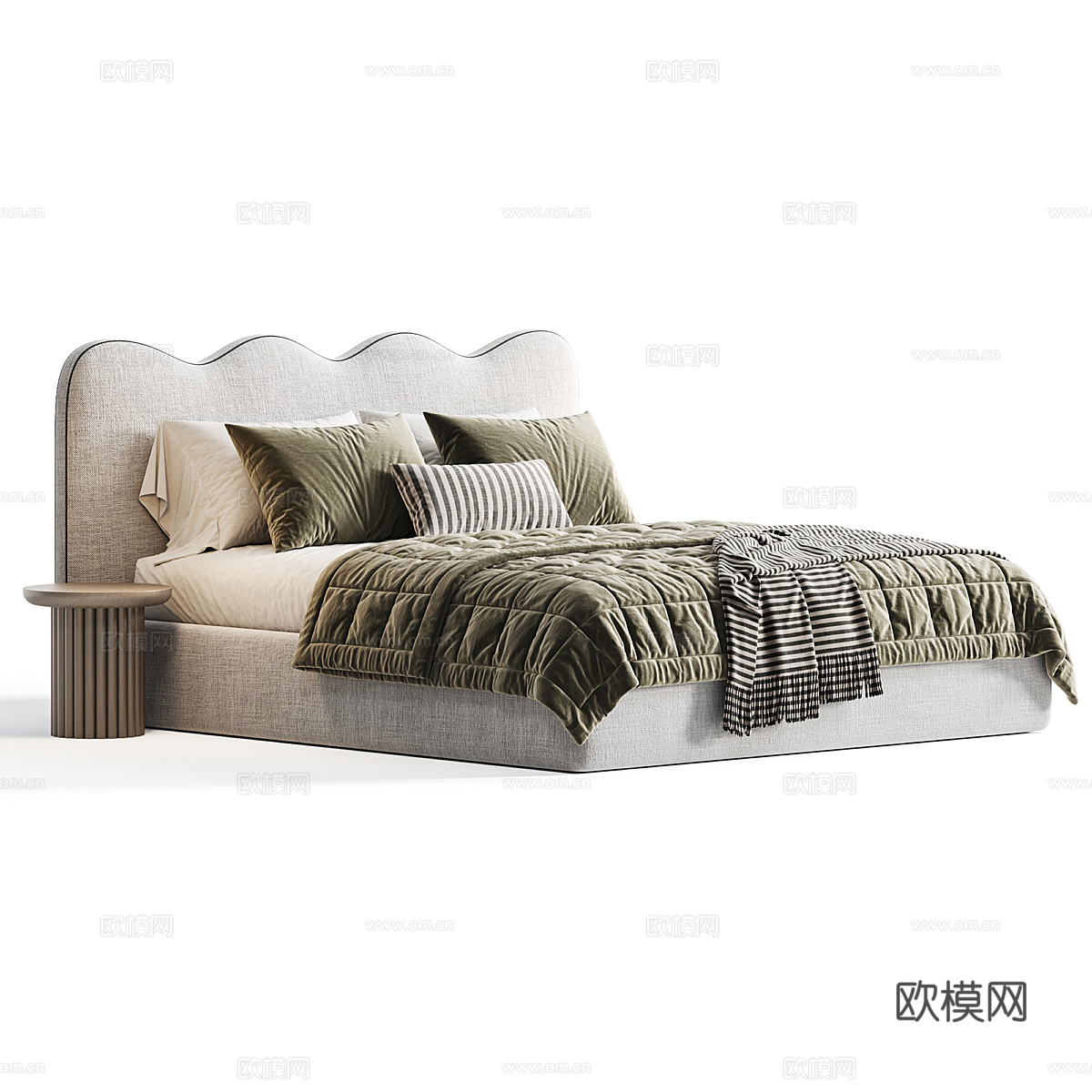 豆腐块双人床 布艺双人床 布艺地台床 床品 酒店双人床 卧室3d模型