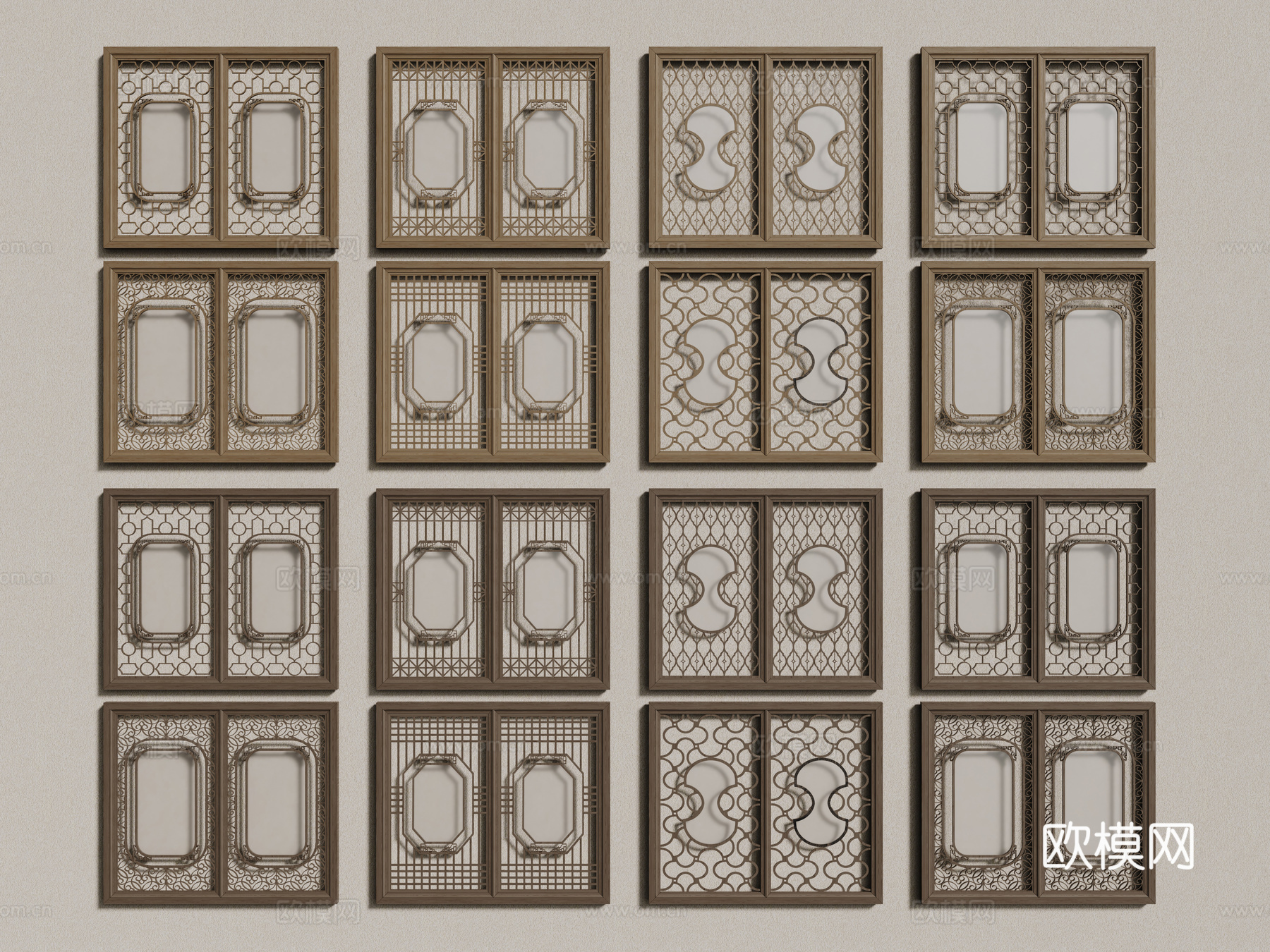新中式窗户 镂空窗 雕花窗 花格窗 木制窗su模型