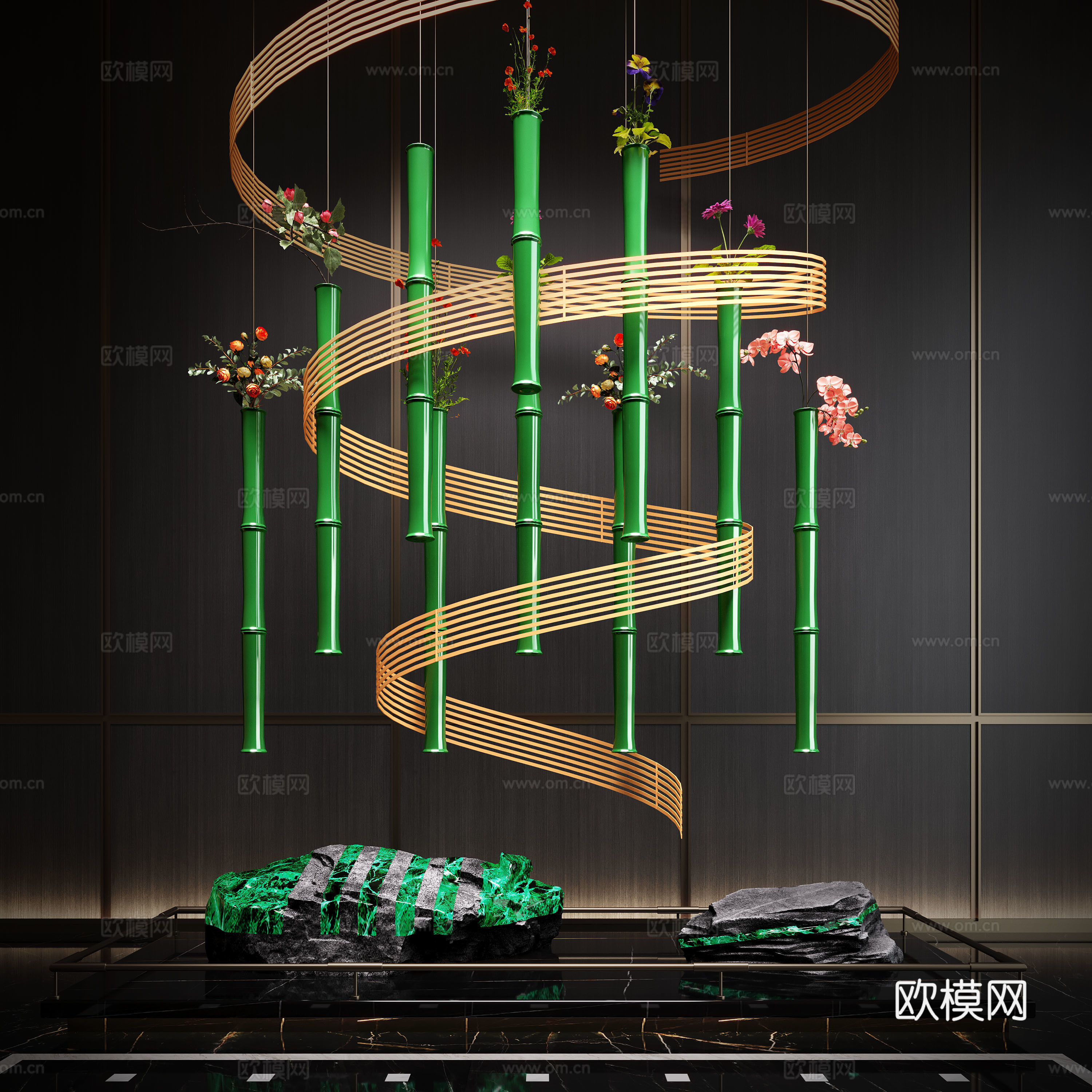 新中式艺术装置 藤编装置 竹子吊饰 室内景观 景观石3d模型