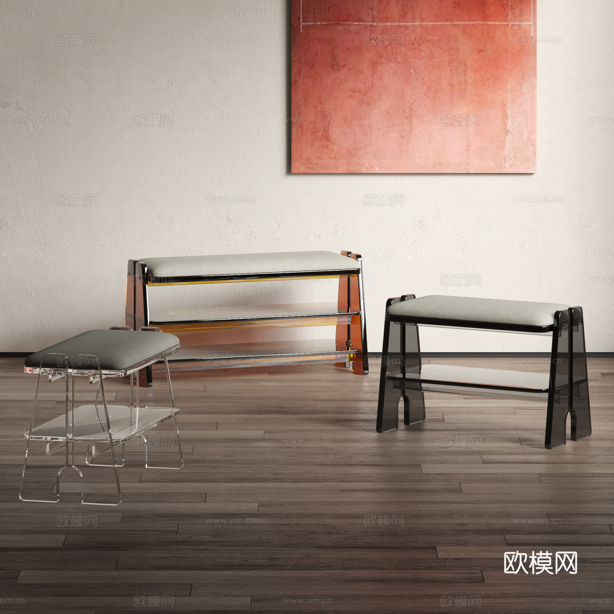 现代亚克力换鞋凳 现代玄关小凳子 简约入户穿鞋凳 创意凳子su模型