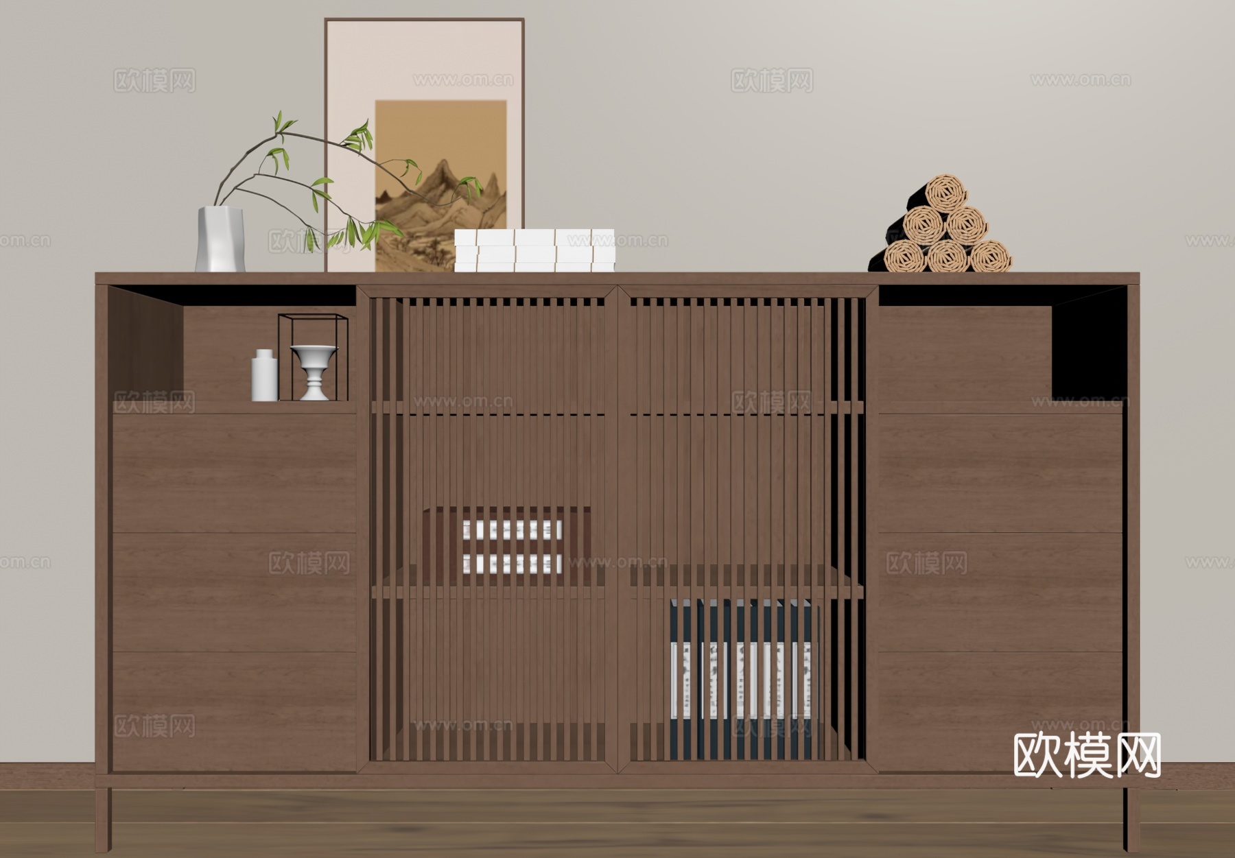 新中式茶柜su模型下载（渲染图2）