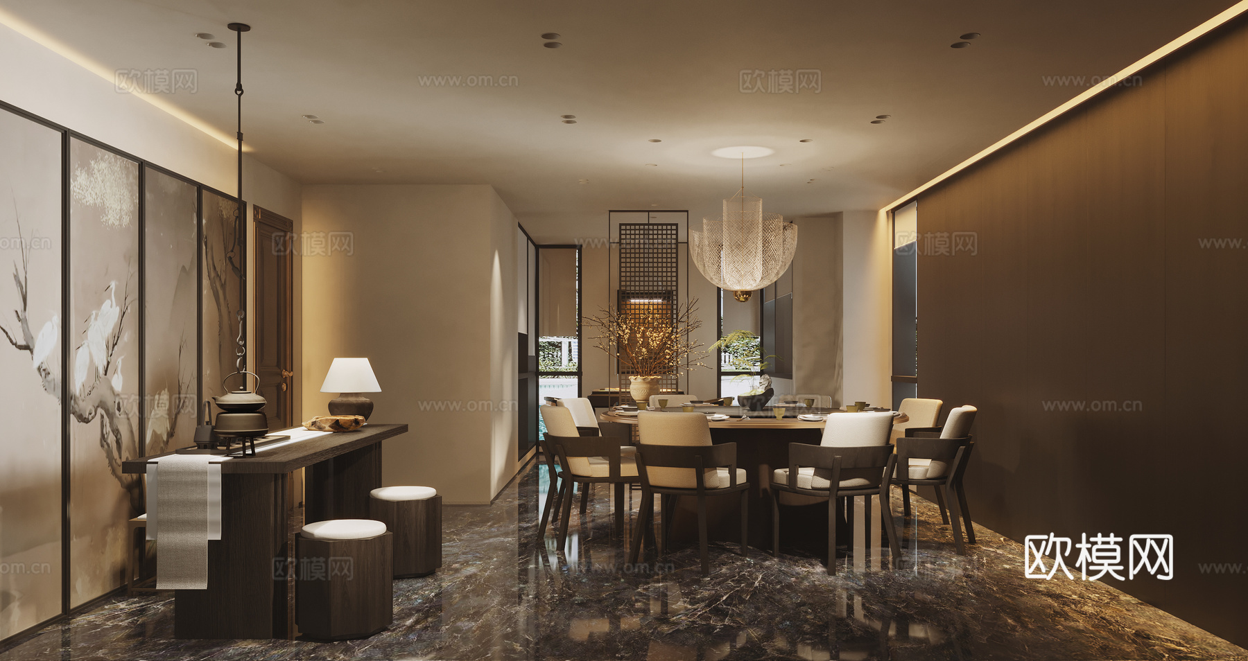 中古风包厢包房 木质隔断 麻将房 木质茶台 圆形餐桌 陶罐花3d模型