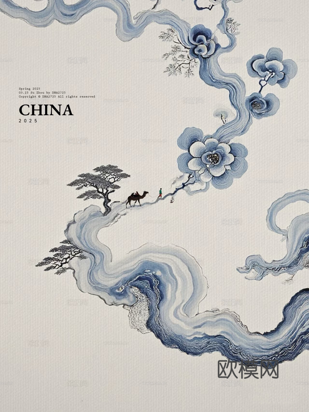 中式蓝色抽象祥云装饰画
