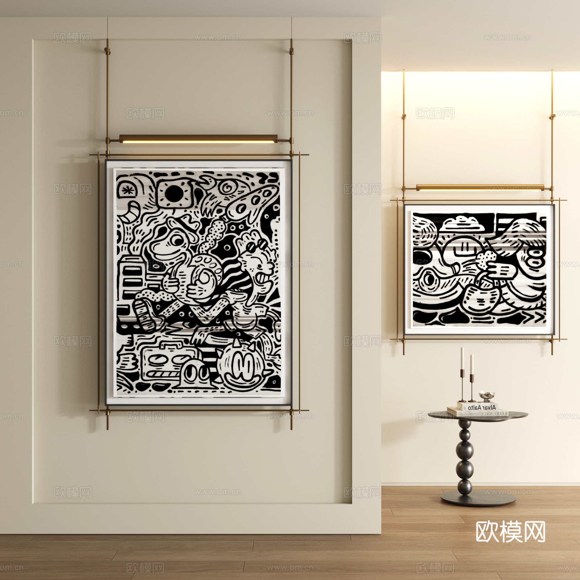 现代黑白涂鸦装饰画3d模型