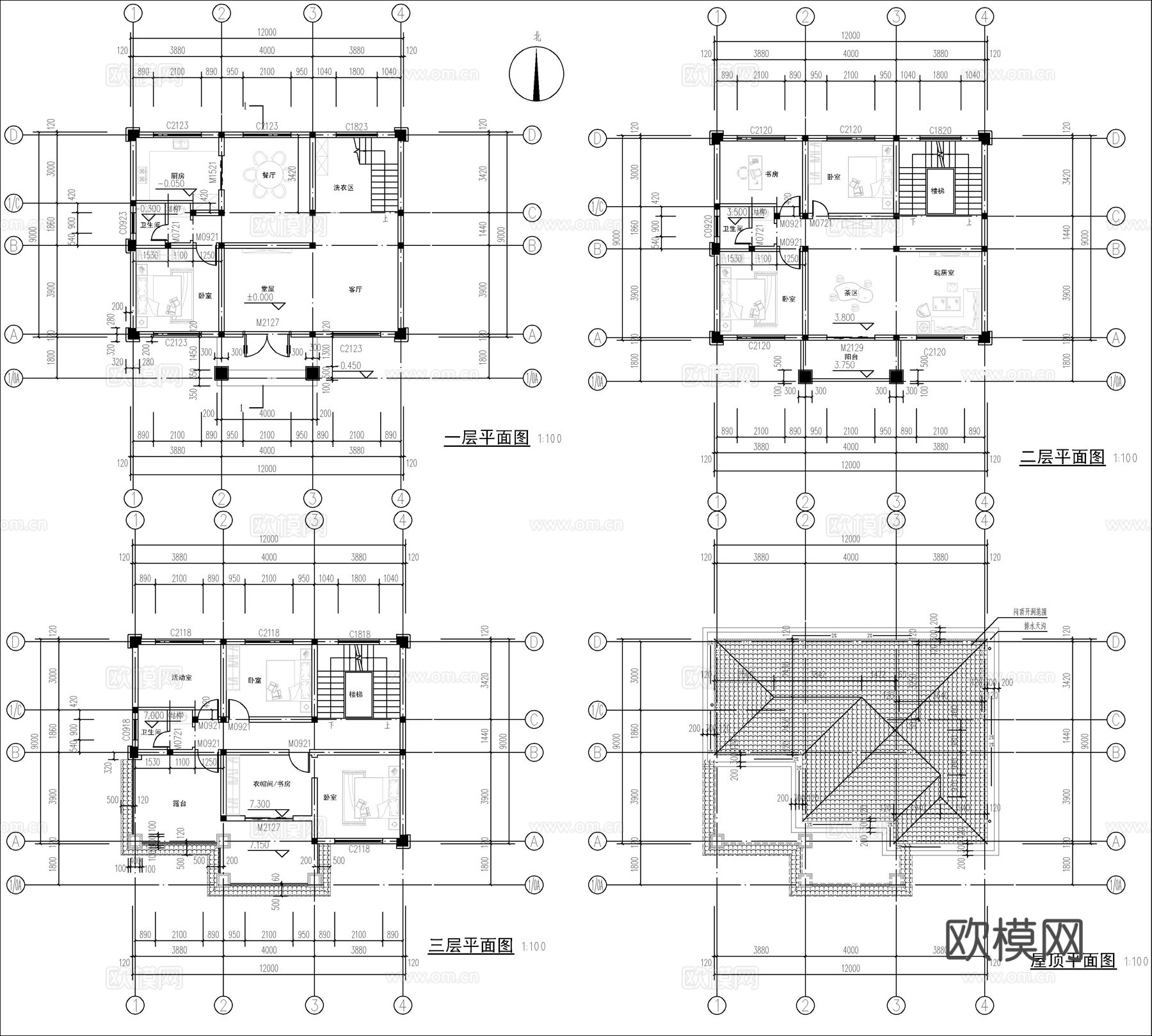 现代新中式三层自建房、别墅建筑设计cad施工图
