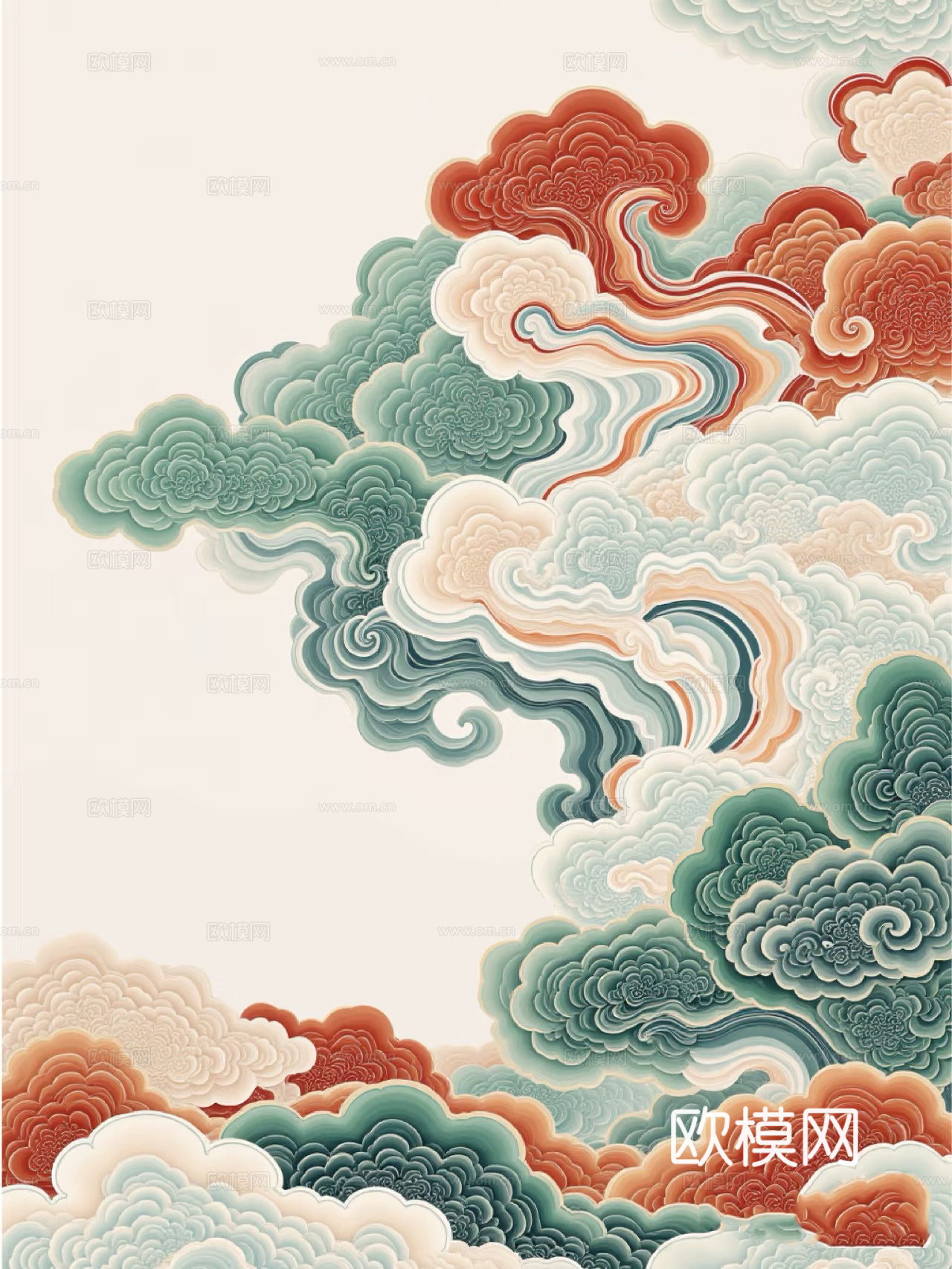 中式绿色抽象祥云装饰画