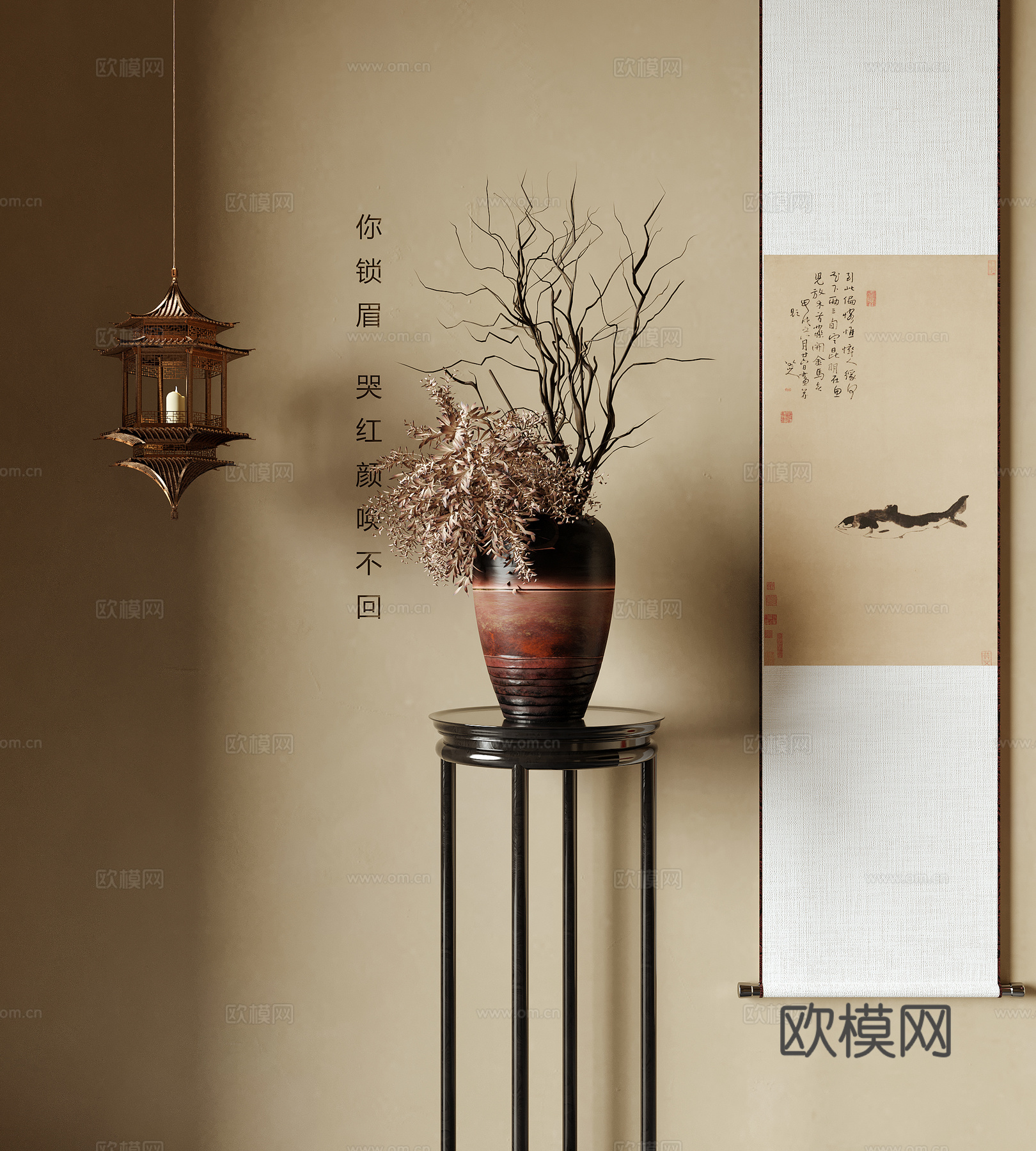 新中式花瓶花艺 插花花艺 挂画 吊灯su模型
